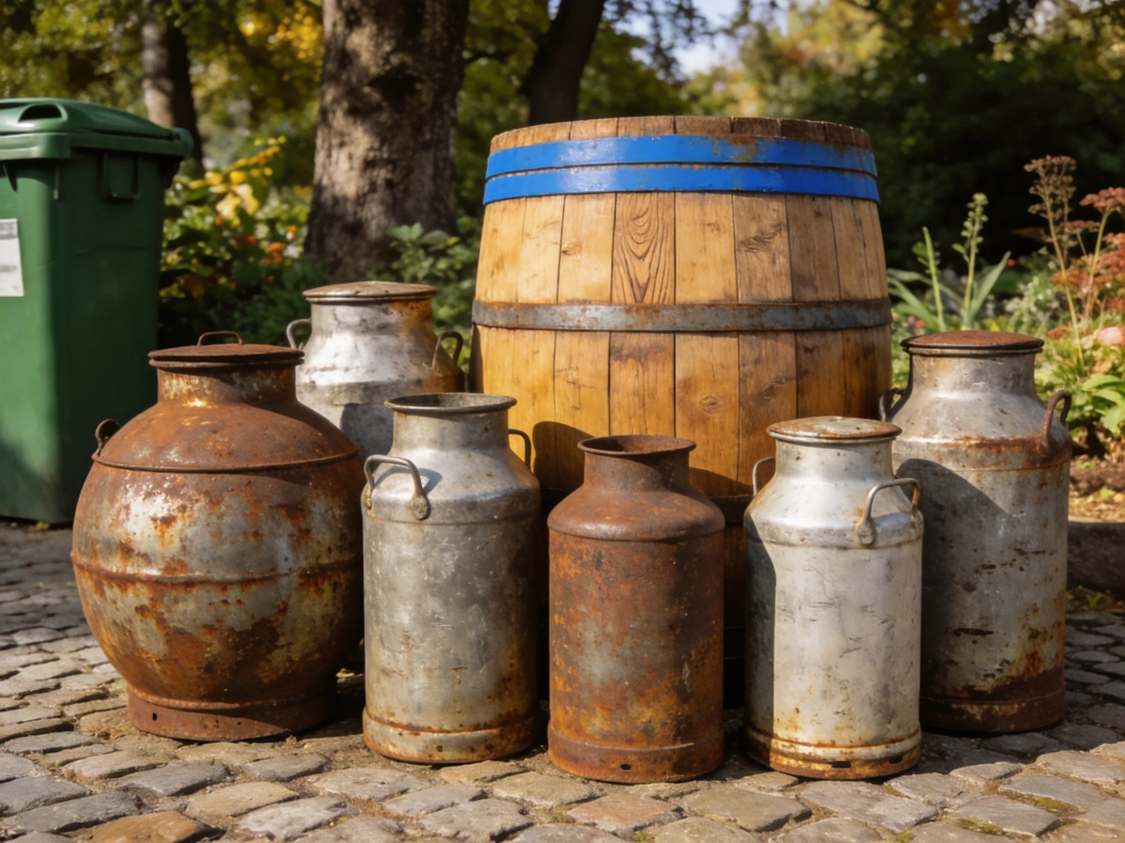 Six vintage metal containers beside a wooden barrel on cobblestones