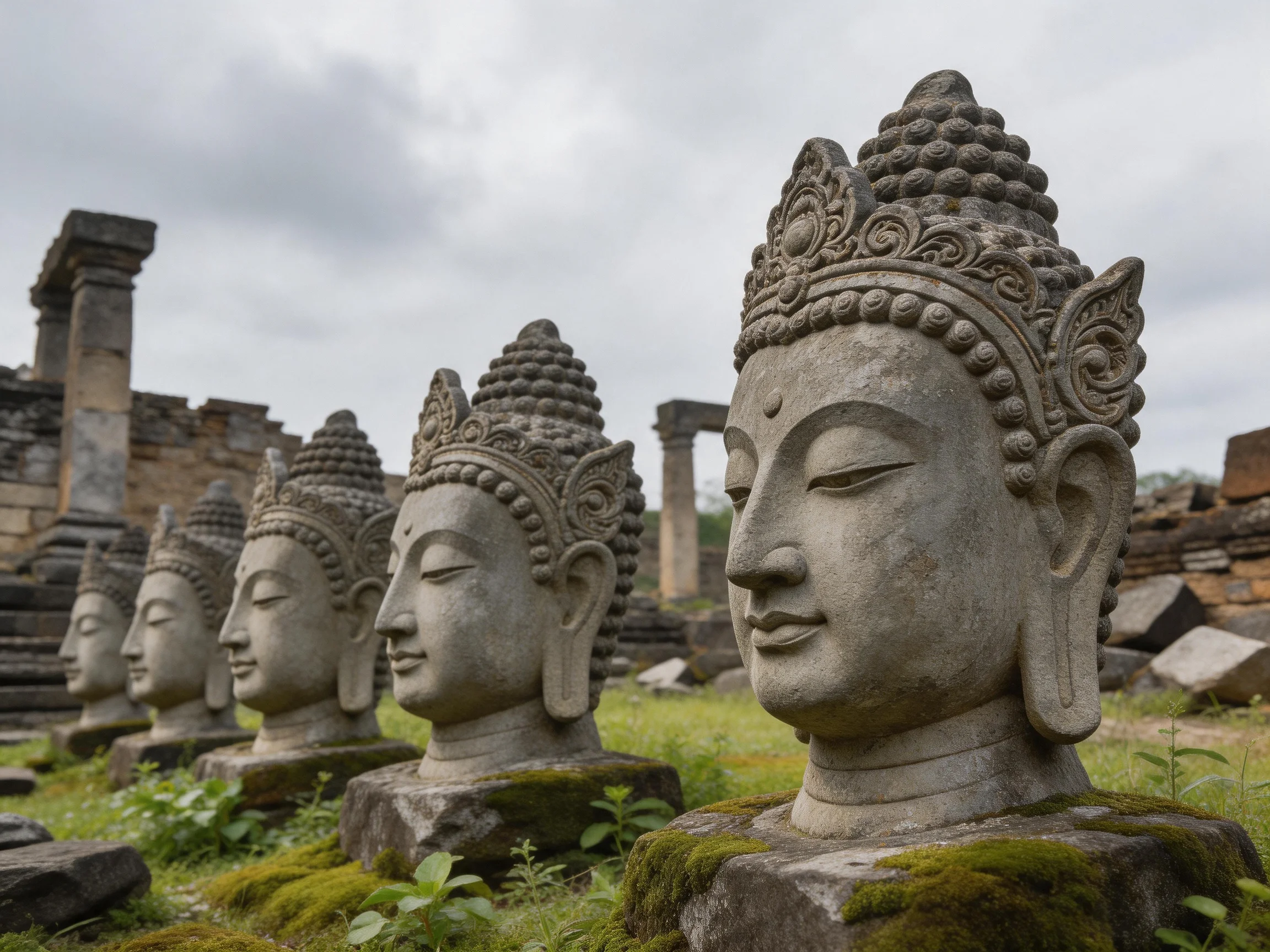 Six weathered stone Buddha heads in ancient temple ruins