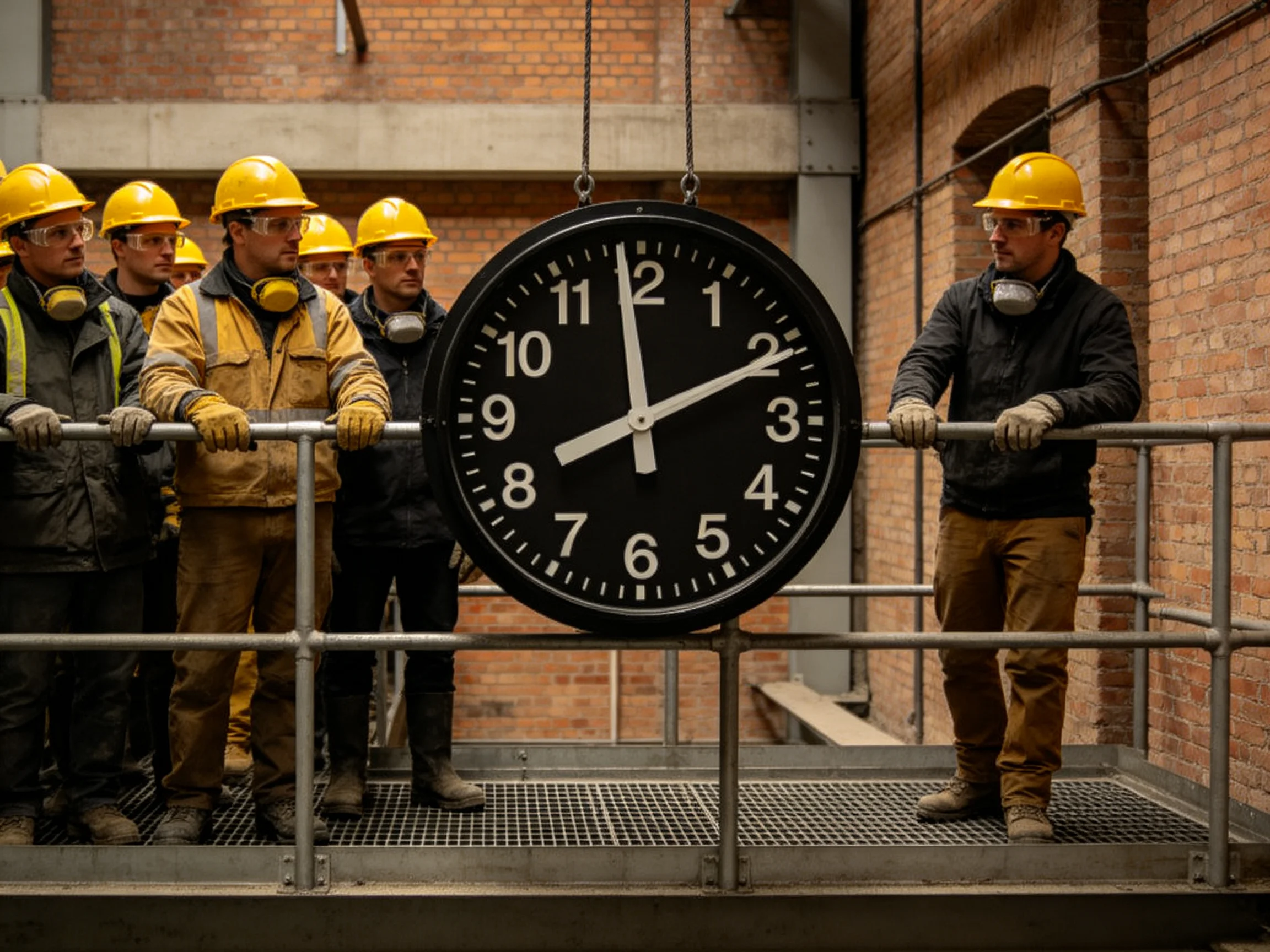 Six workers in yellow helmets move a large black clock near brick walls