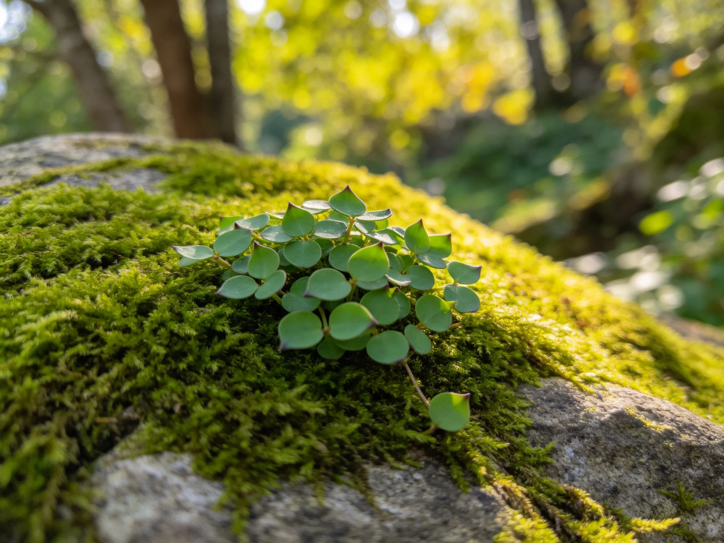 Small heart-leaved plants thrive on a moss-draped stone amid a sunlit woodland