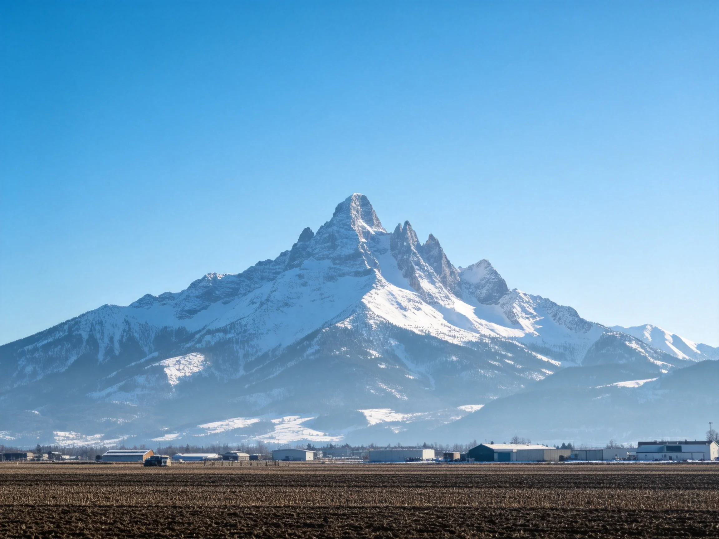 Snow - Capped Mountain Dominates Landscape With Fields and Buildings