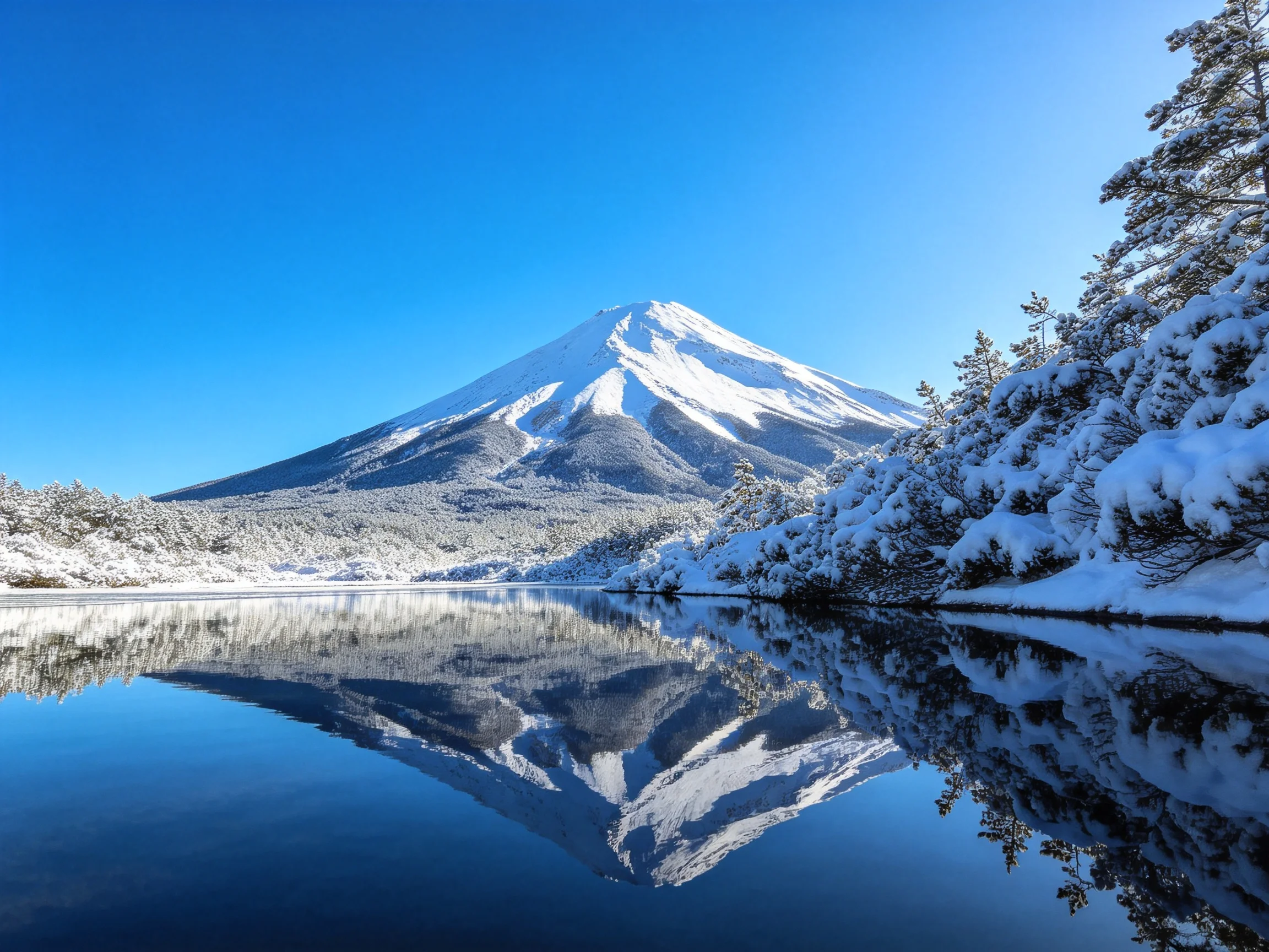 Snow-Capped Mountain Reflects in Clear Lake Beneath Vibrant Blue Sky