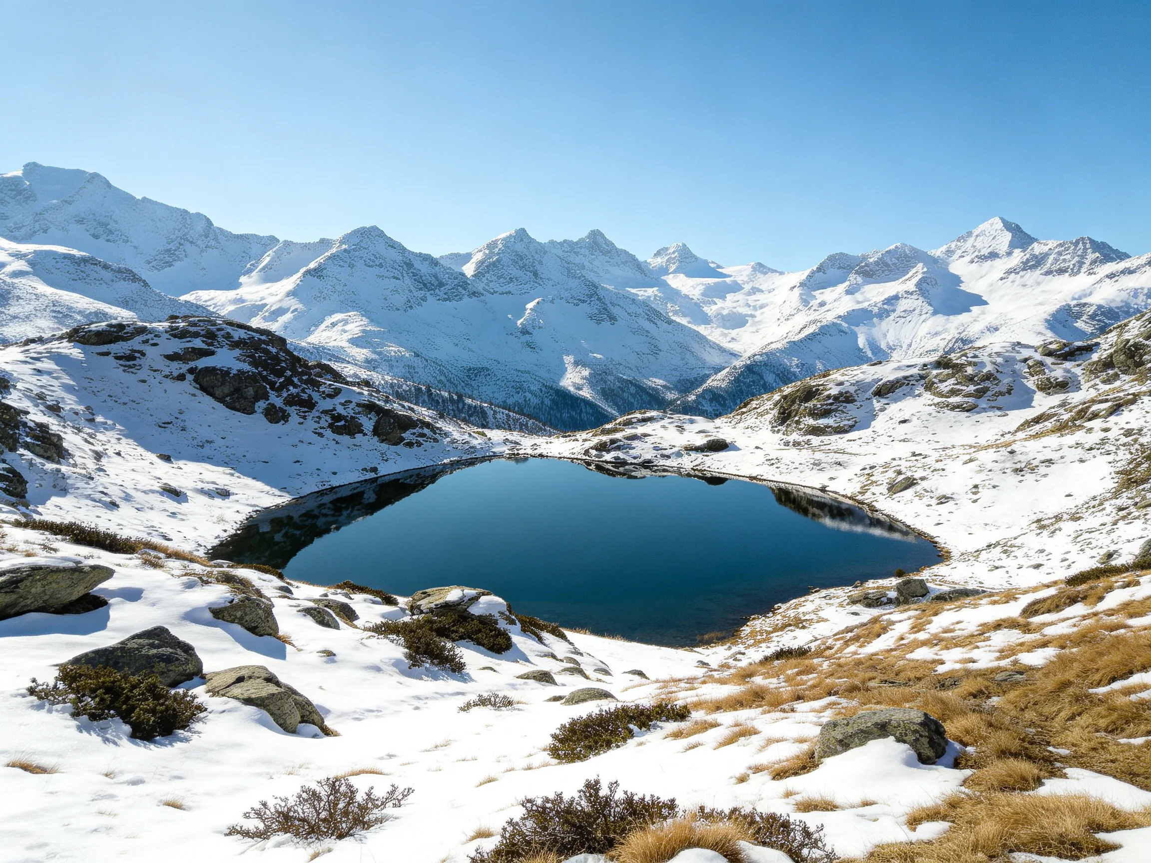 Snow-Capped Peaks Encircle a Serene Alpine Lake