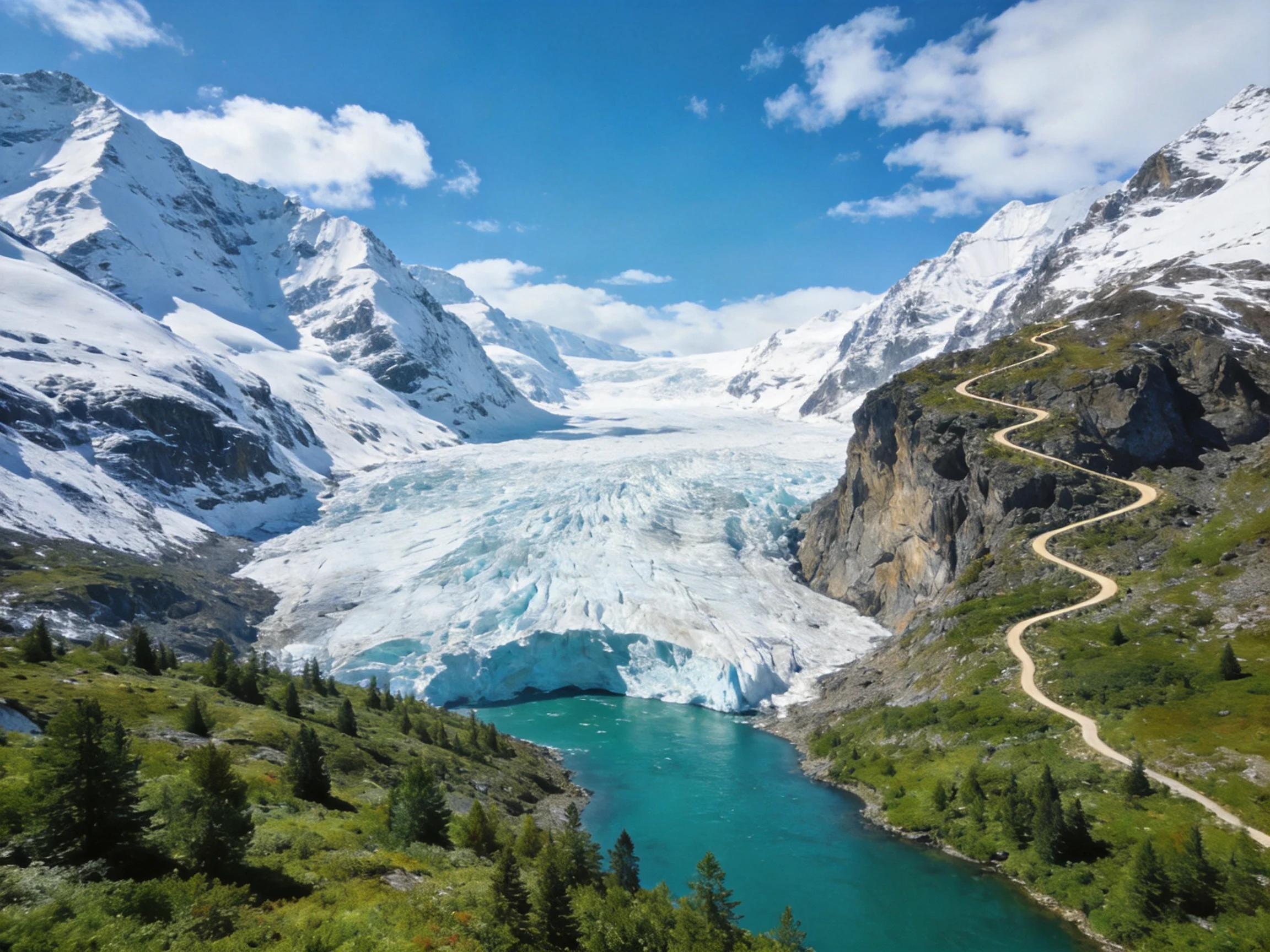 Snow-Capped Peaks, Glacial Ice, and Turquoise Lake with Winding Trail