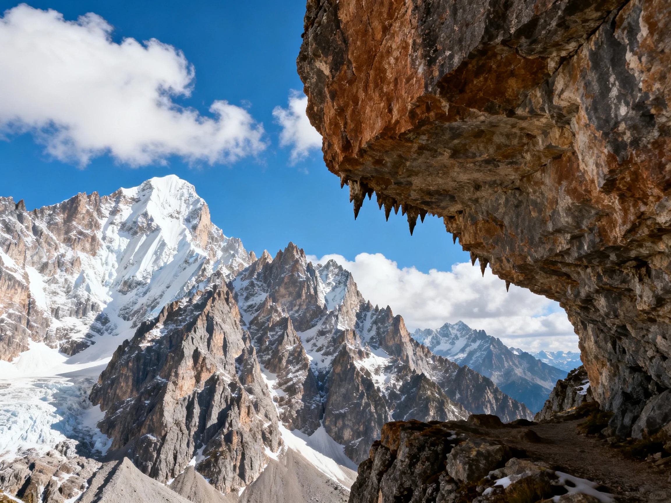 Snow-Capped Peaks and Jagged Rock Formations Under Bright Blue Sky