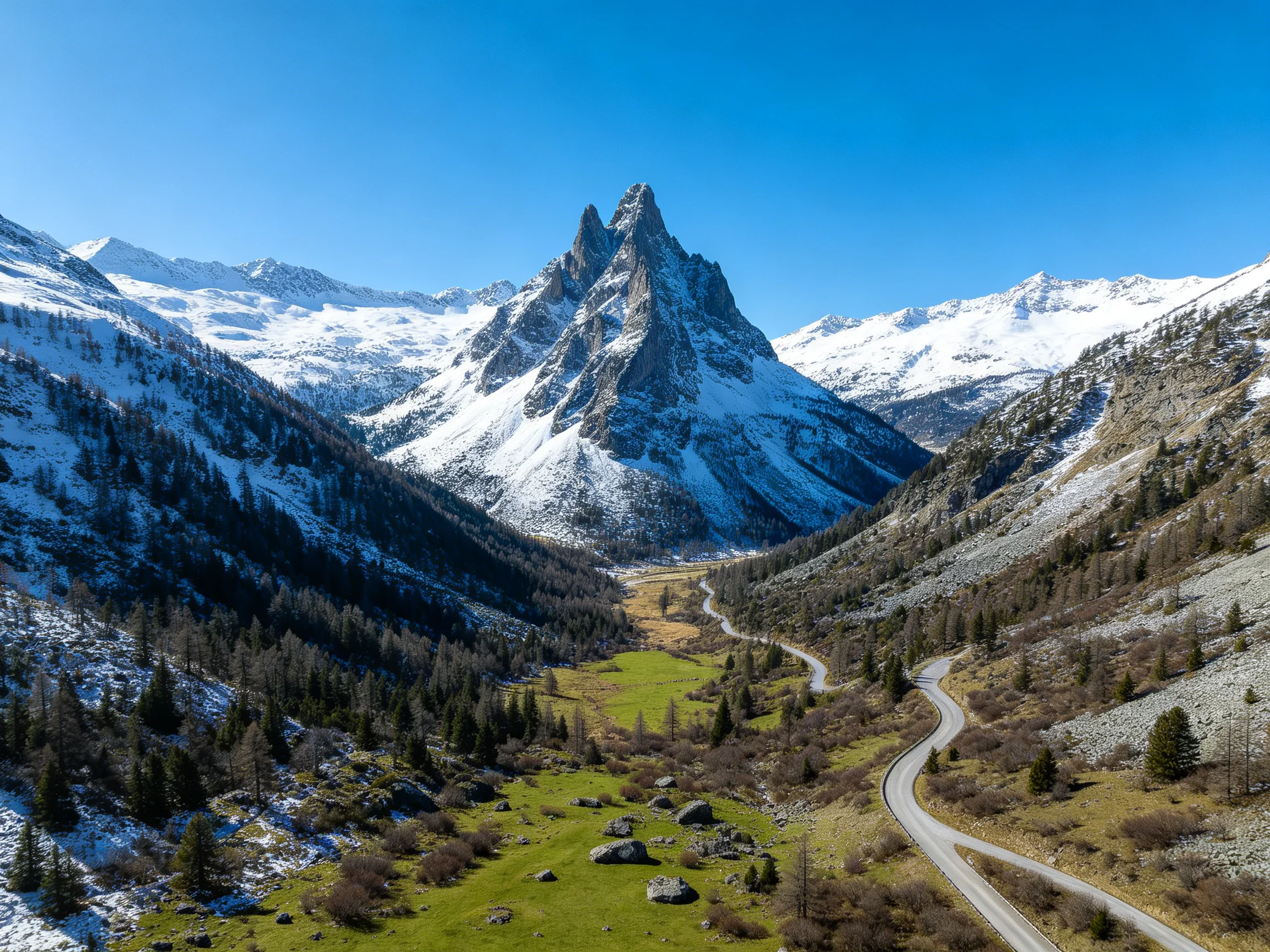 Snow-Capped Peaks and Winding Road Through Green Mountain Valley