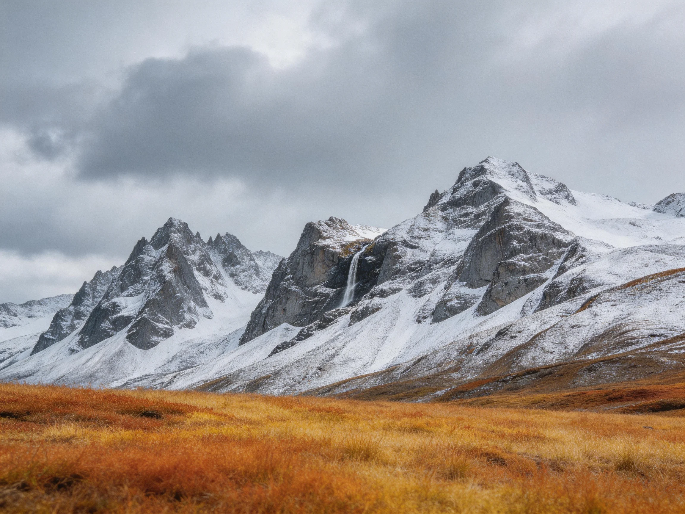 Snow-Capped Peaks with Autumn Fields Under Stormy Skies