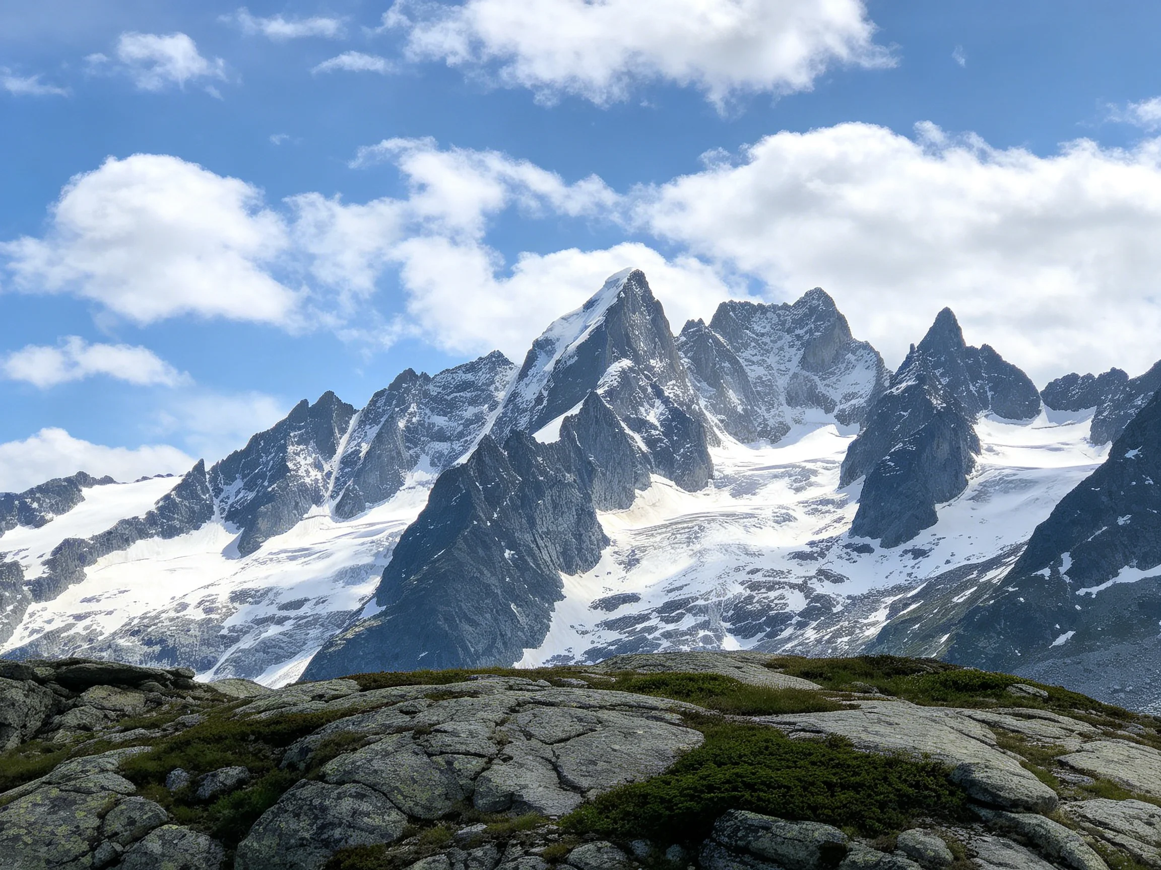 Snow-Capped Peaks with Rocky Foreground Under Bright Blue Sky
