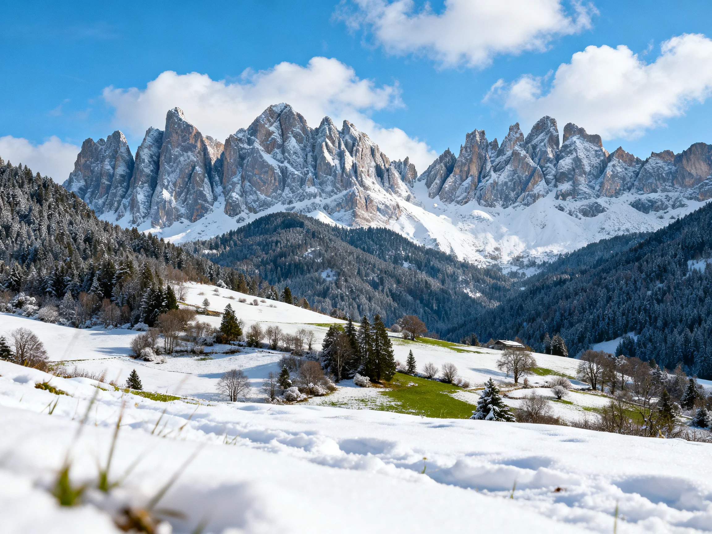 Snow-Covered Alpine Peaks Over Green Valleys and Forests