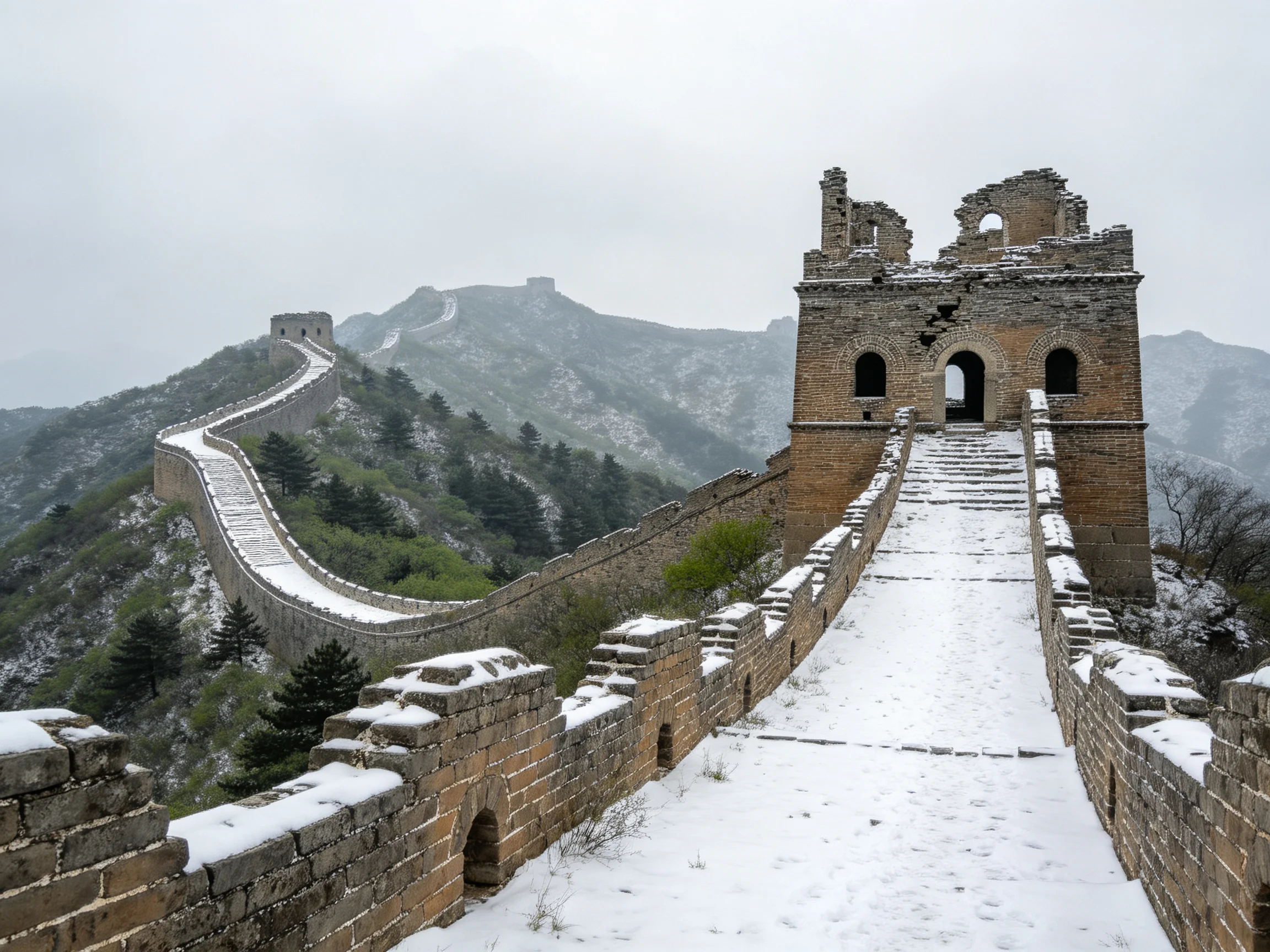 Snow-Covered Ancient Stone Great Wall with Ruined Watchtower