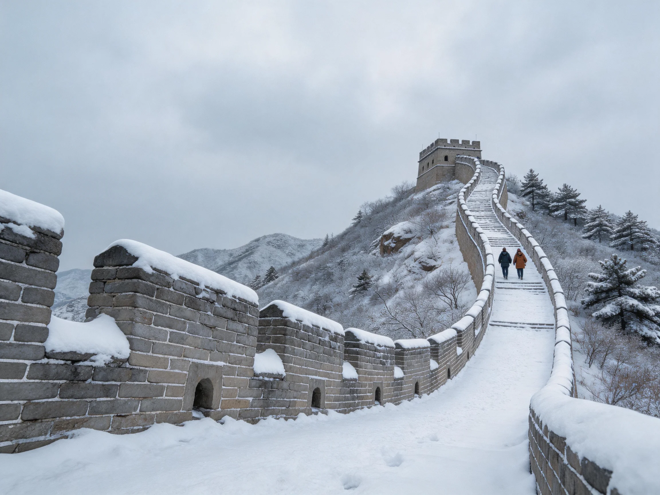 Snow-Covered Ancient Stone Great Wall with Two Walkers