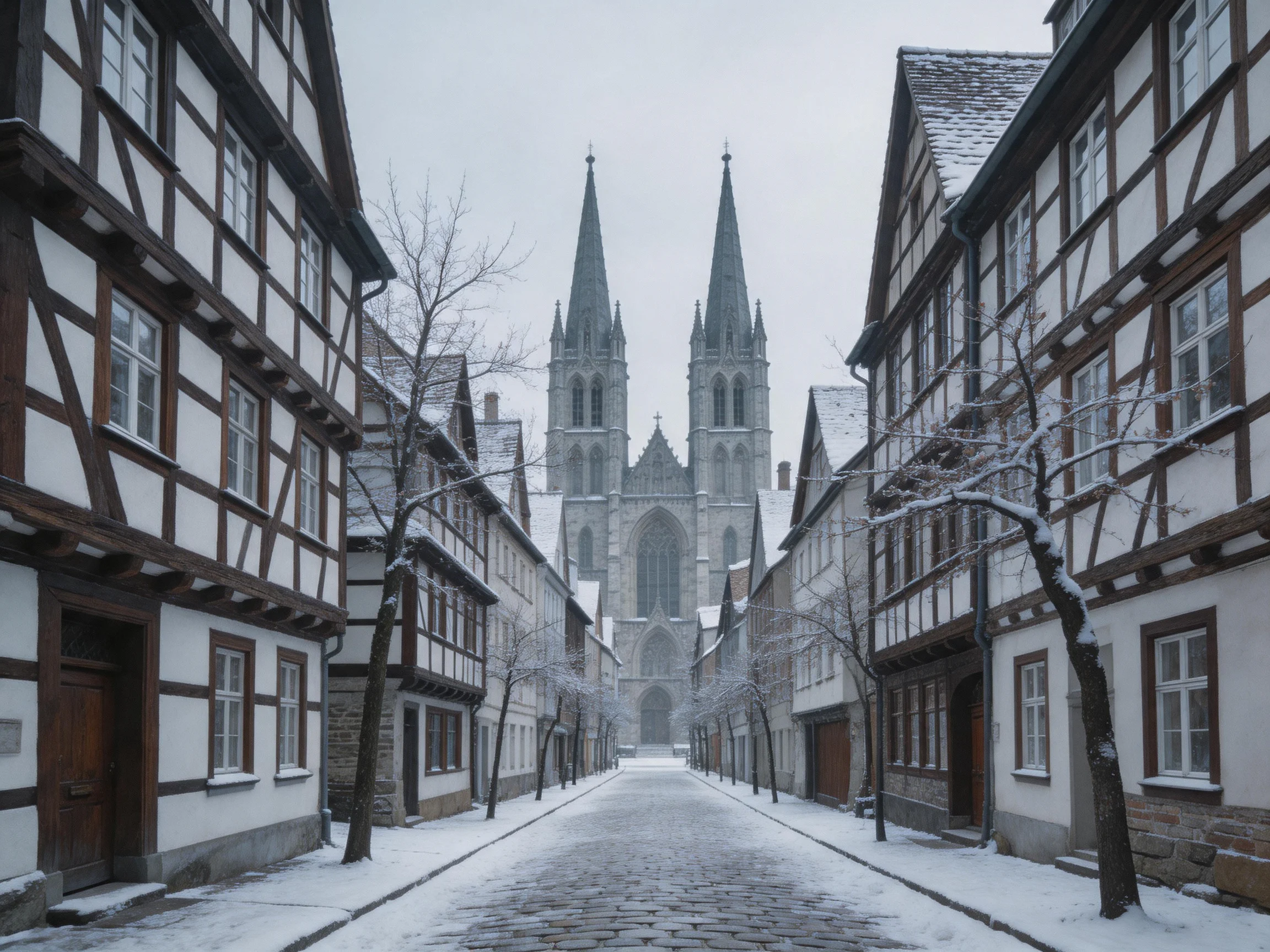 Snow-Covered Cobblestone Street Leading to Gothic Cathedral