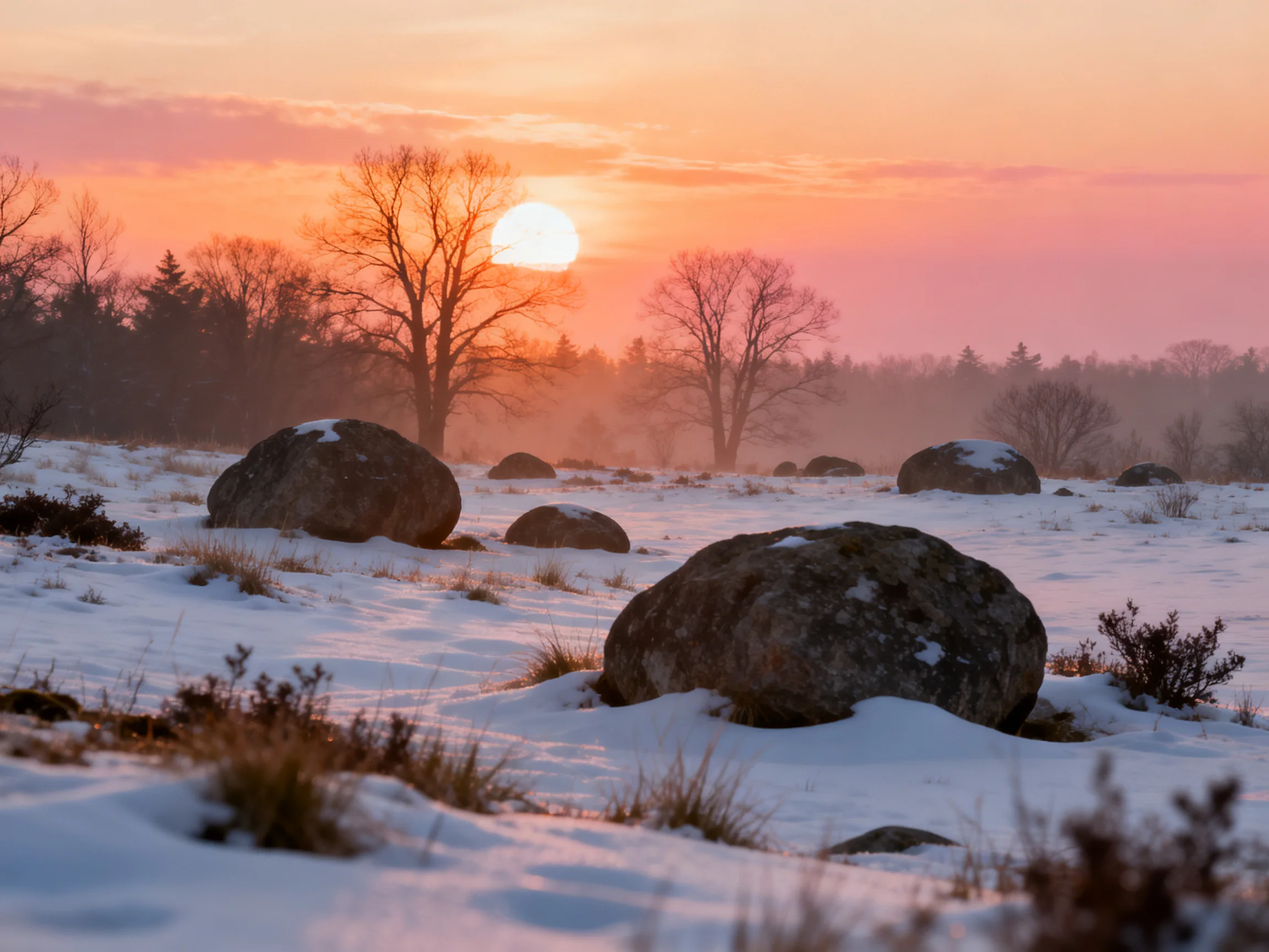 Snow-Covered Field With Large Rocks Under Sunset Lighting