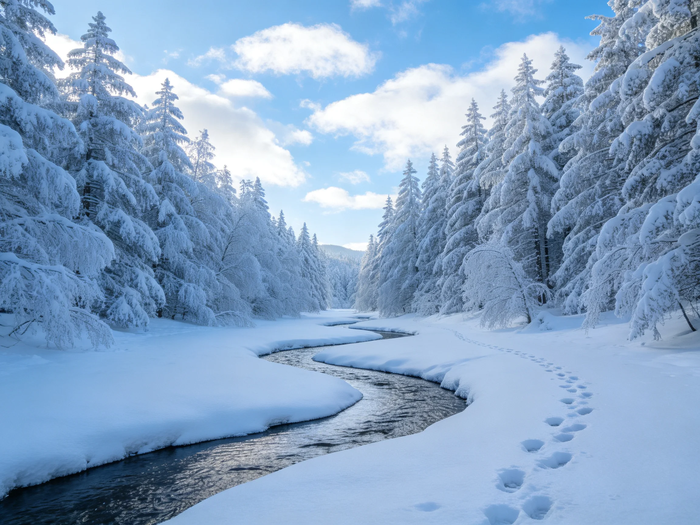 Snow-Covered Forest with Meandering Stream and Bright Sky