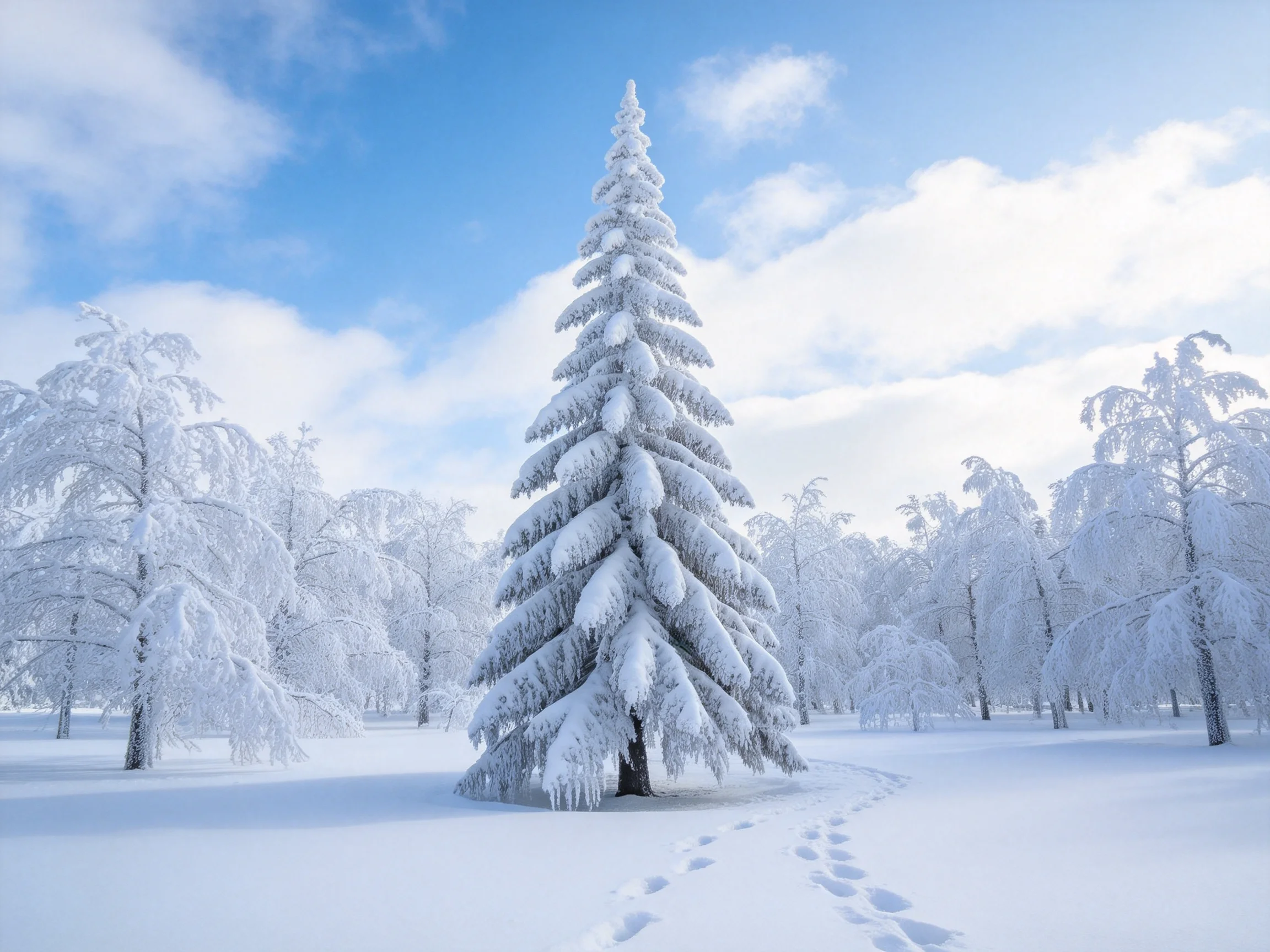 Snow-Covered Forest with a Tall Central Pine Tree Under Bright Blue Sky