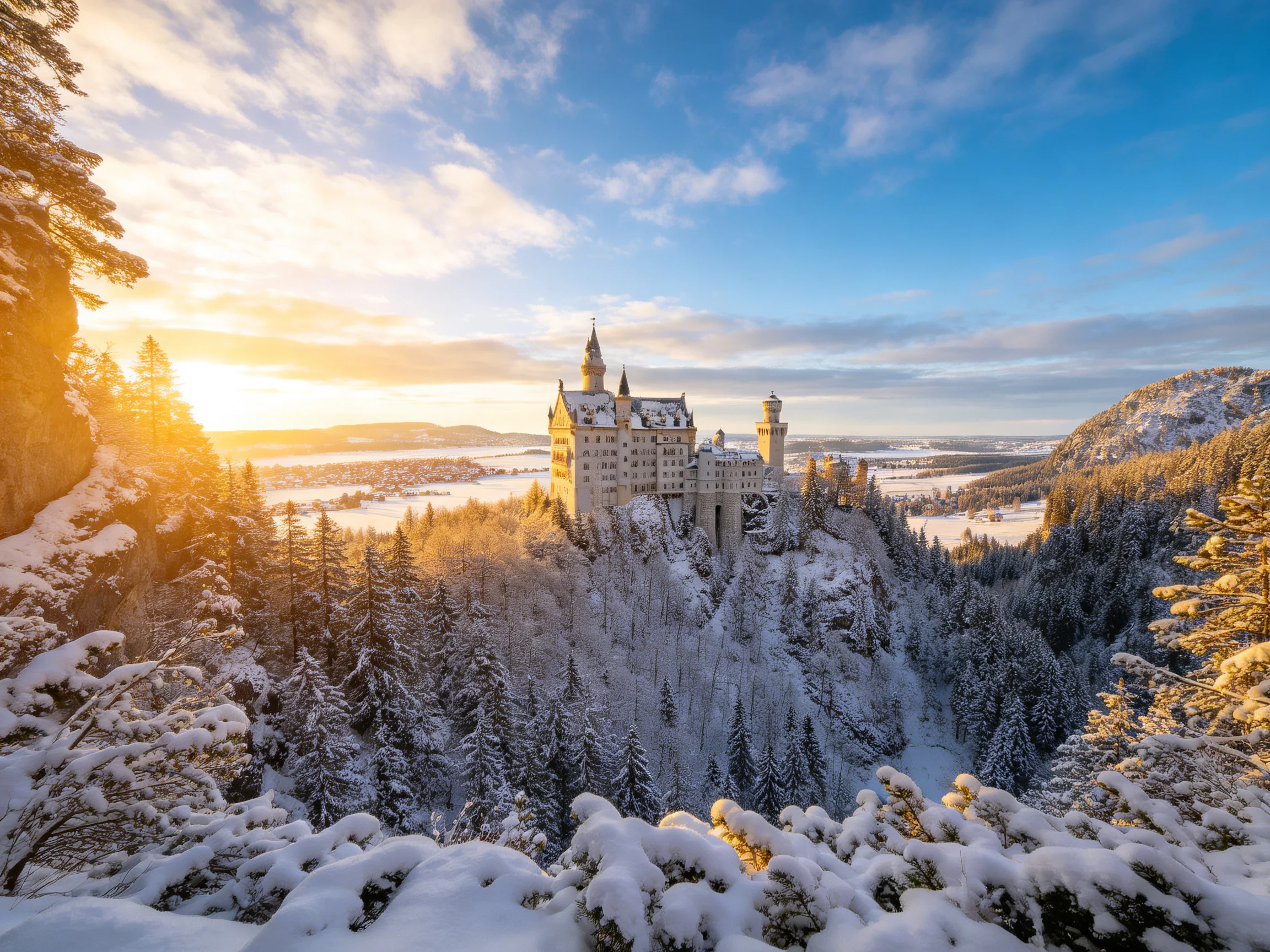 Snow-Covered Forests Surrounding a Majestic Castle at Sunset