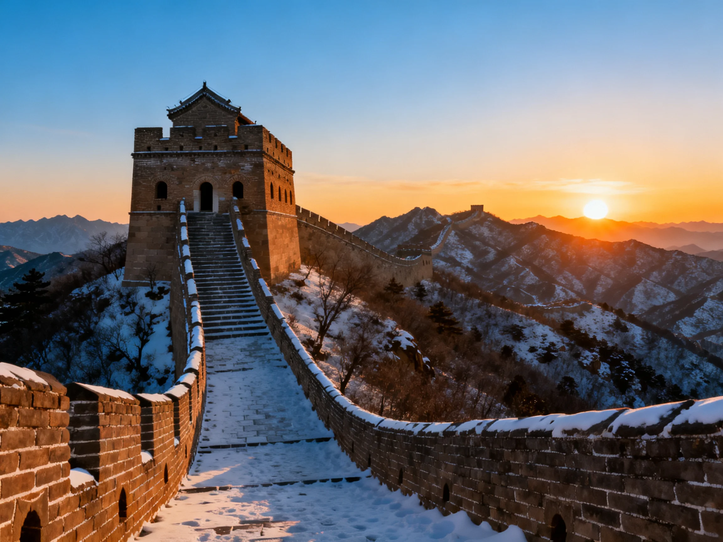 Snow-Covered Great Wall at Sunset Over Mountainous Terrain