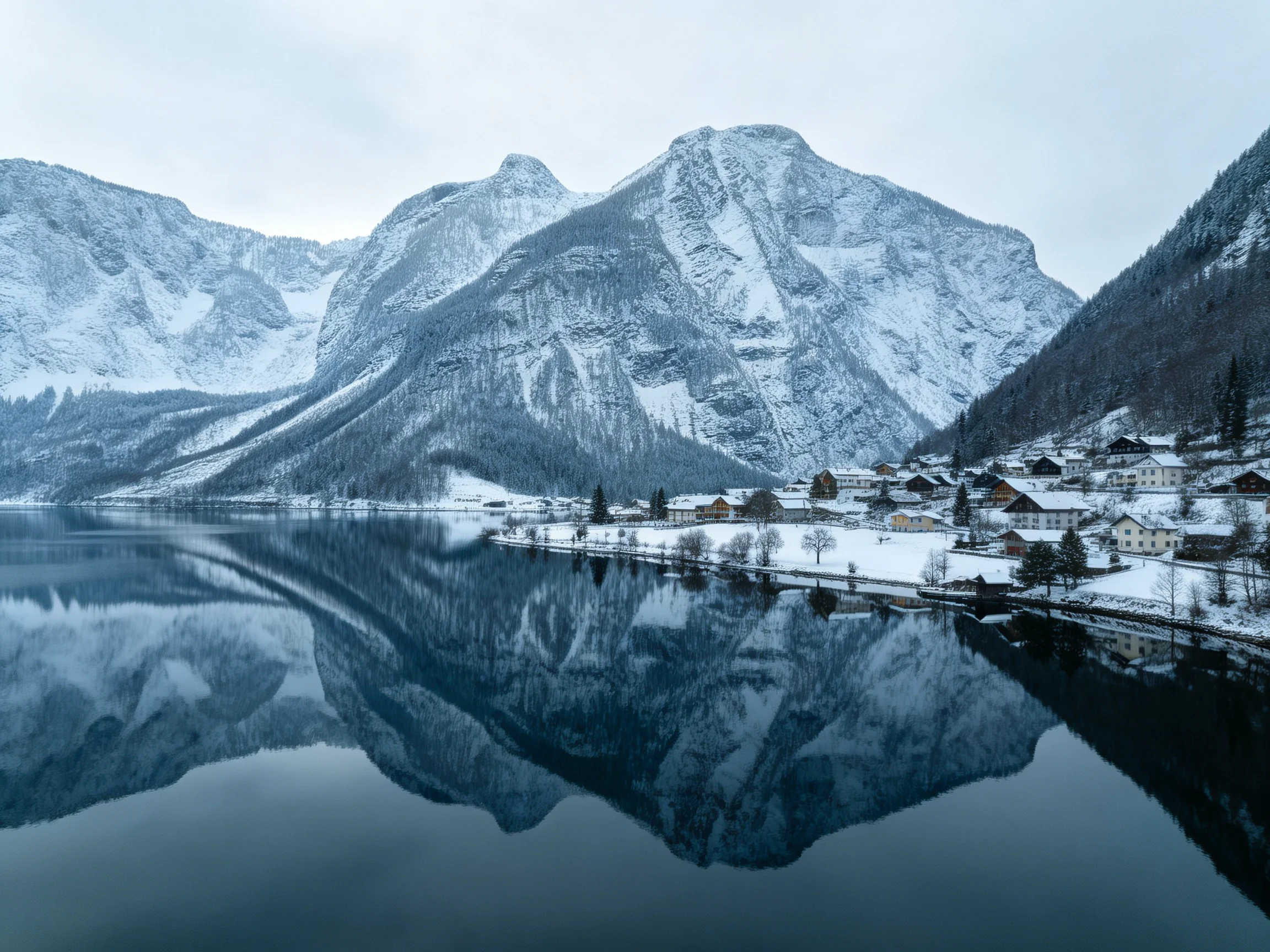 Snow-Covered Mountains Reflect in a Calm Lake Near a Village