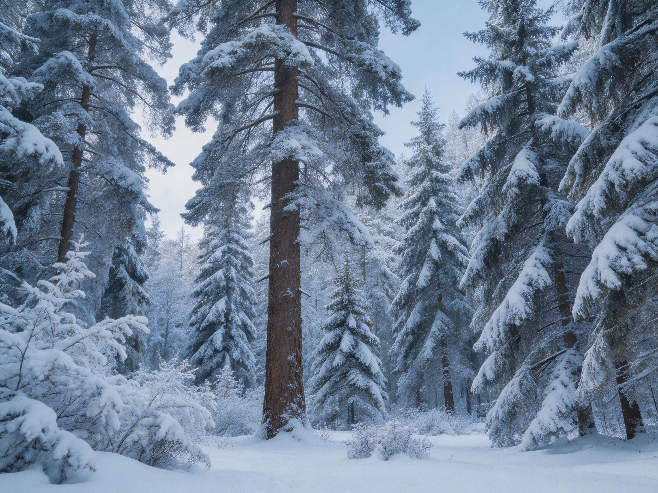 Snow-Covered Pine Forest with Tall Evergreen Trees