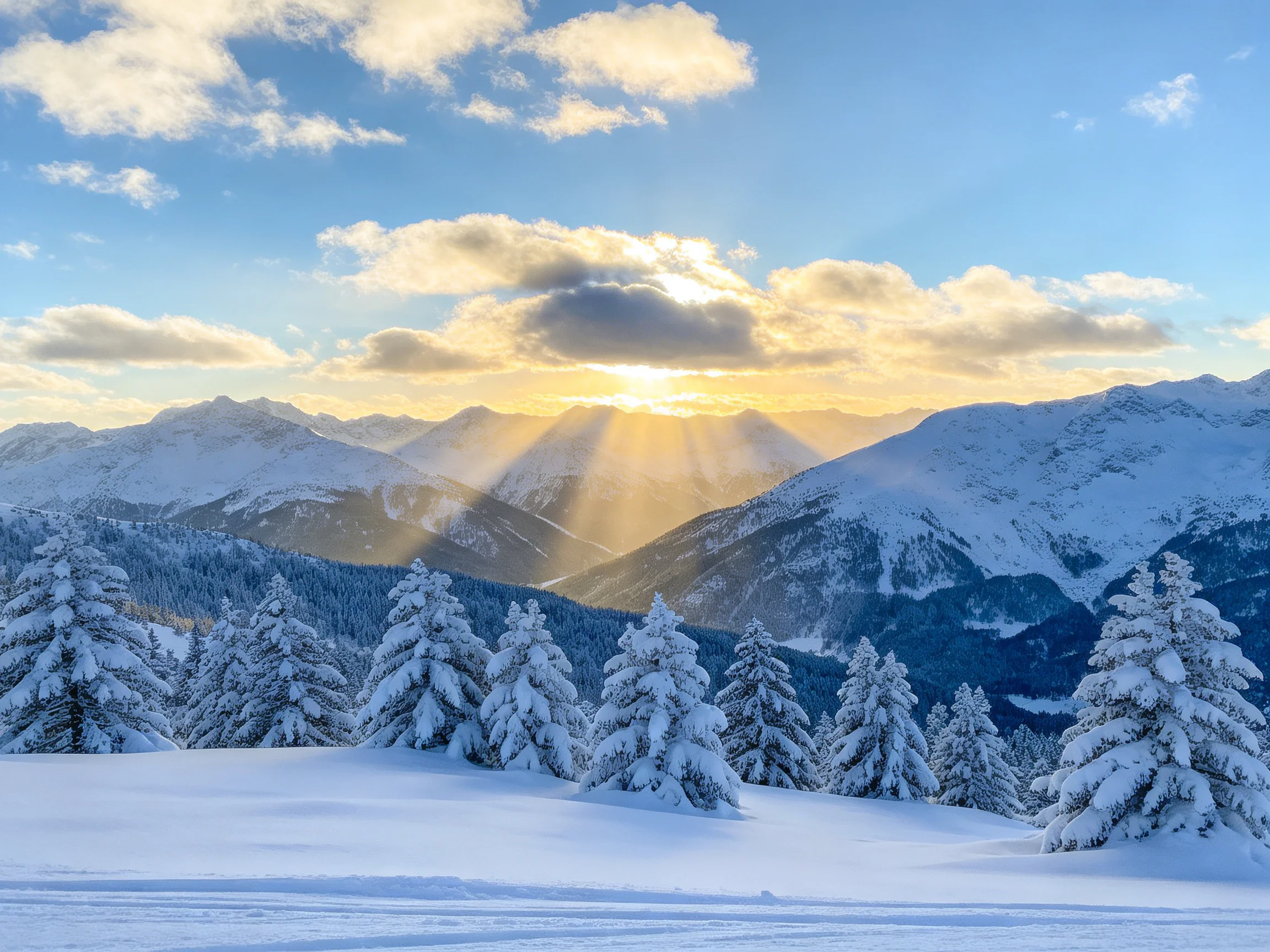 Snow-Covered Pine Trees and Majestic Mountain Range Under Golden Sunlight