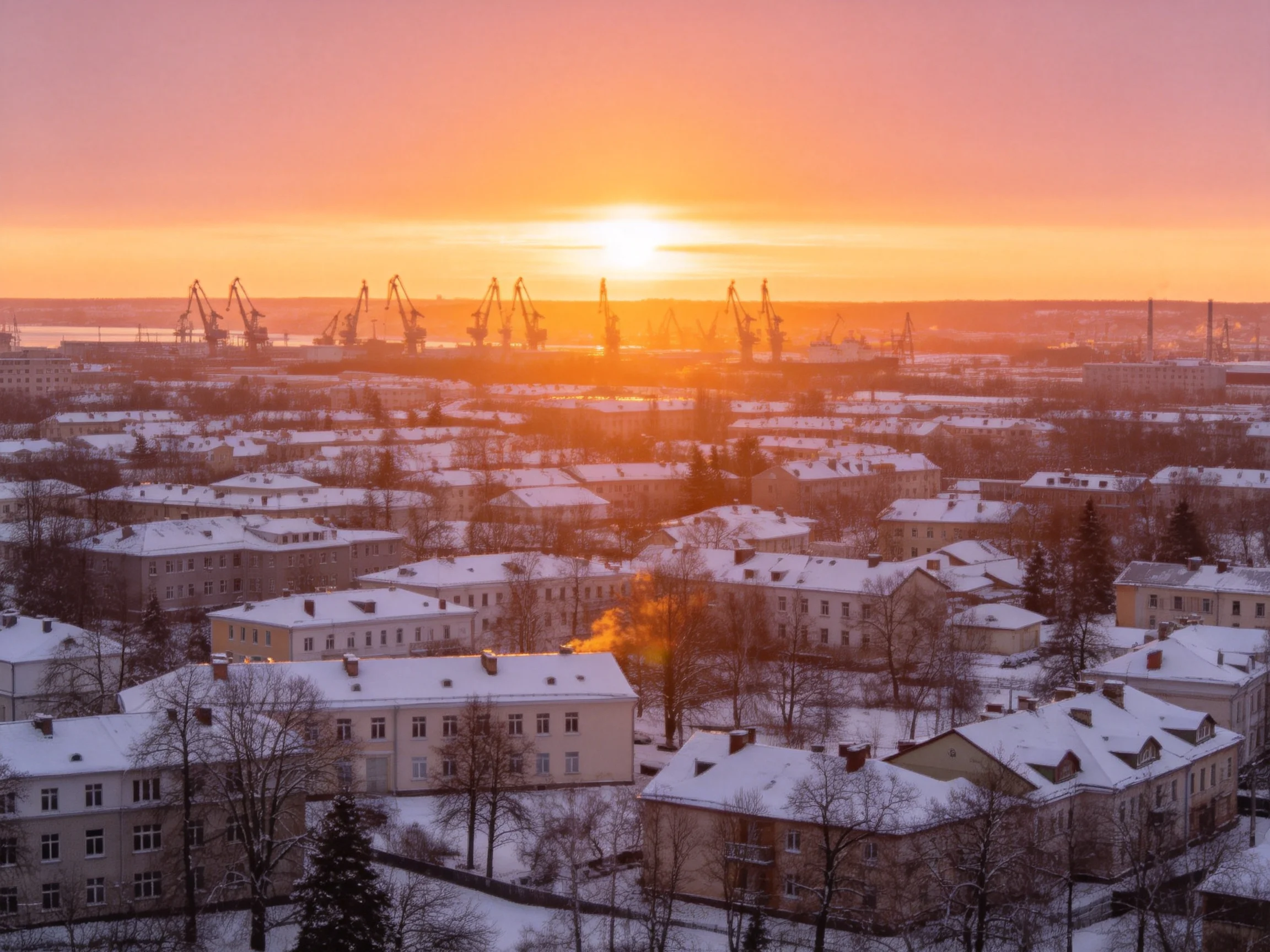 Snow-Covered Residential Area with Industrial Cranes at Sunset
