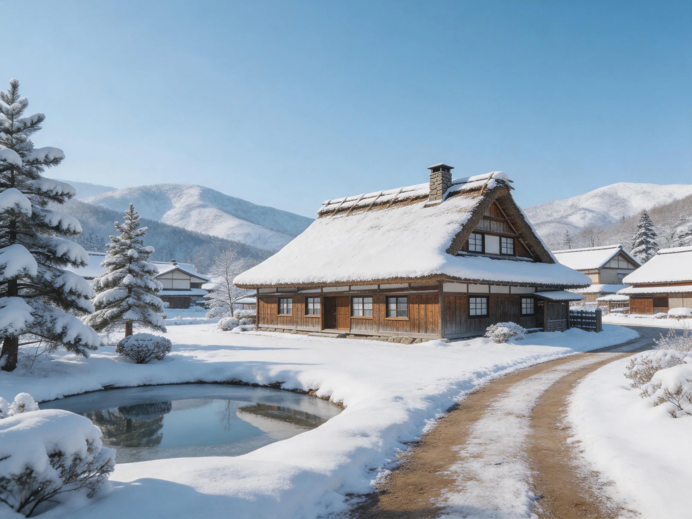Snow-Covered Traditional Wooden House in Mountainous Winter Setting