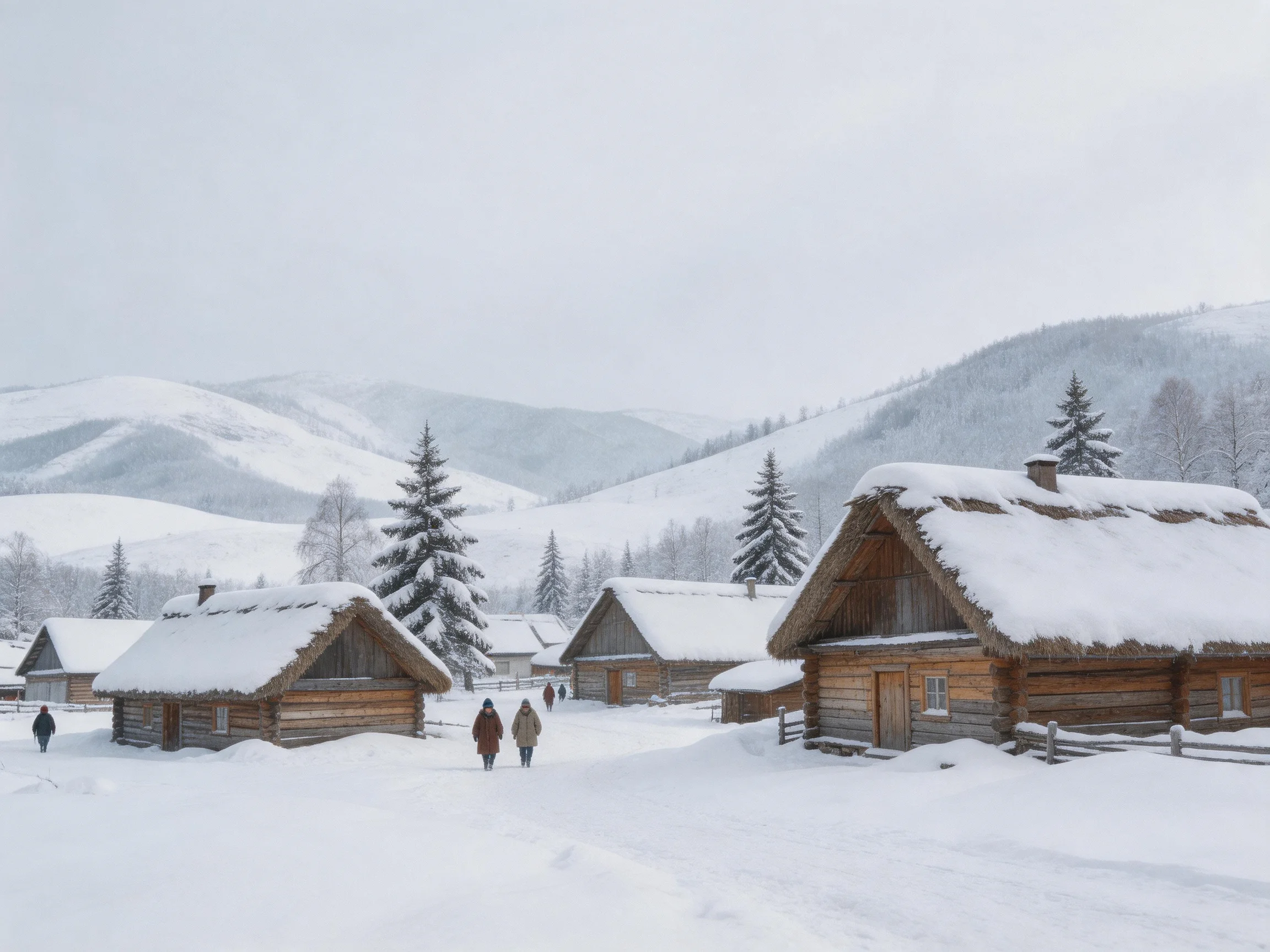 Snow-Covered Wooden Cabins in a Winter Mountain Setting