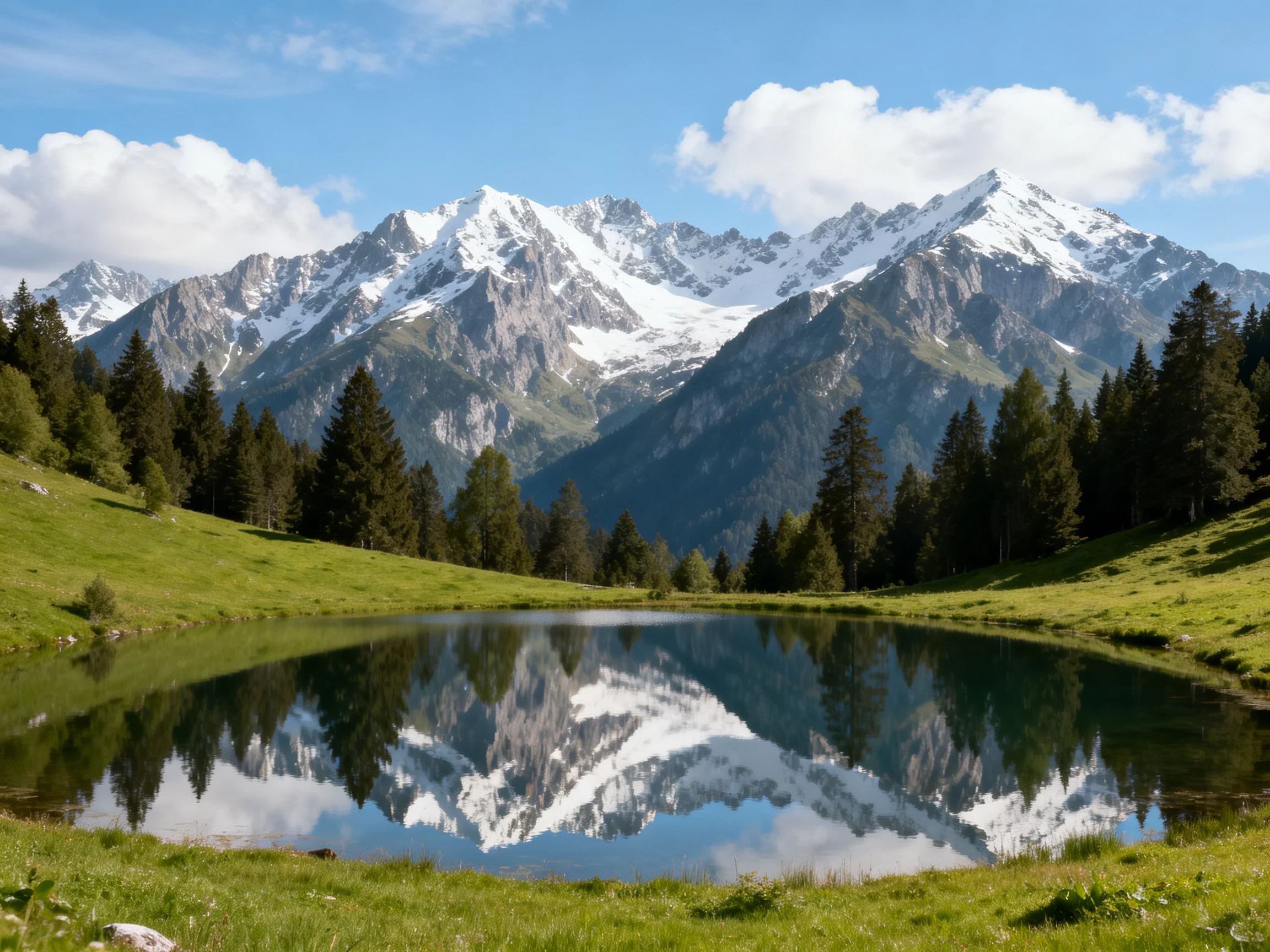Snow -apped mountains reflect in a tranquil alpine lake surrounded by evergreens