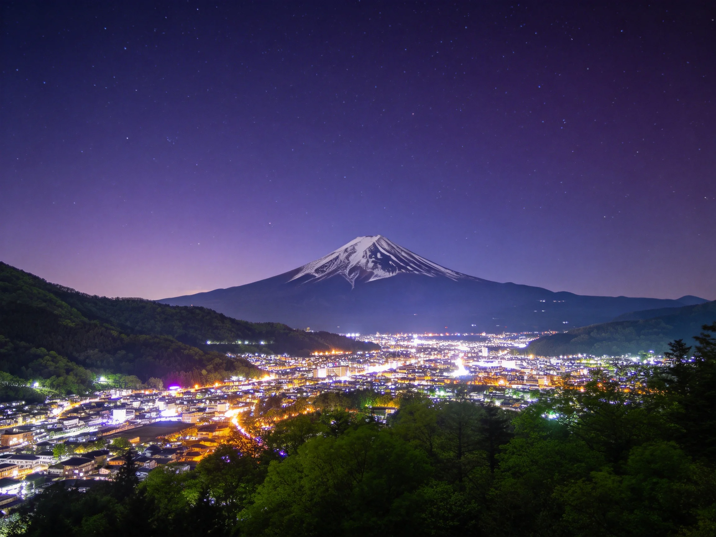 Snow - capped Mount Fuji overlooks a glowing nighttime town with forested foreground