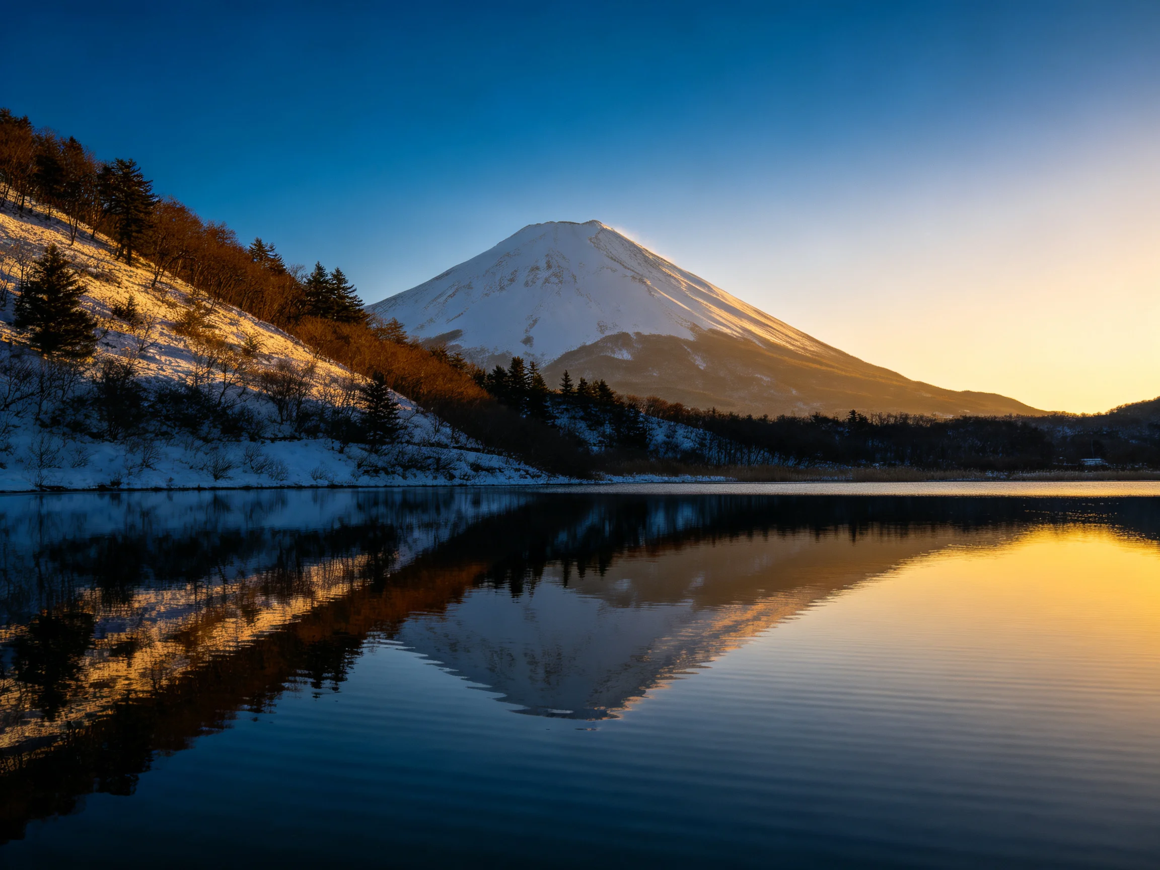 Snow - capped Mount Fuji reflected in a serene lake at sunset