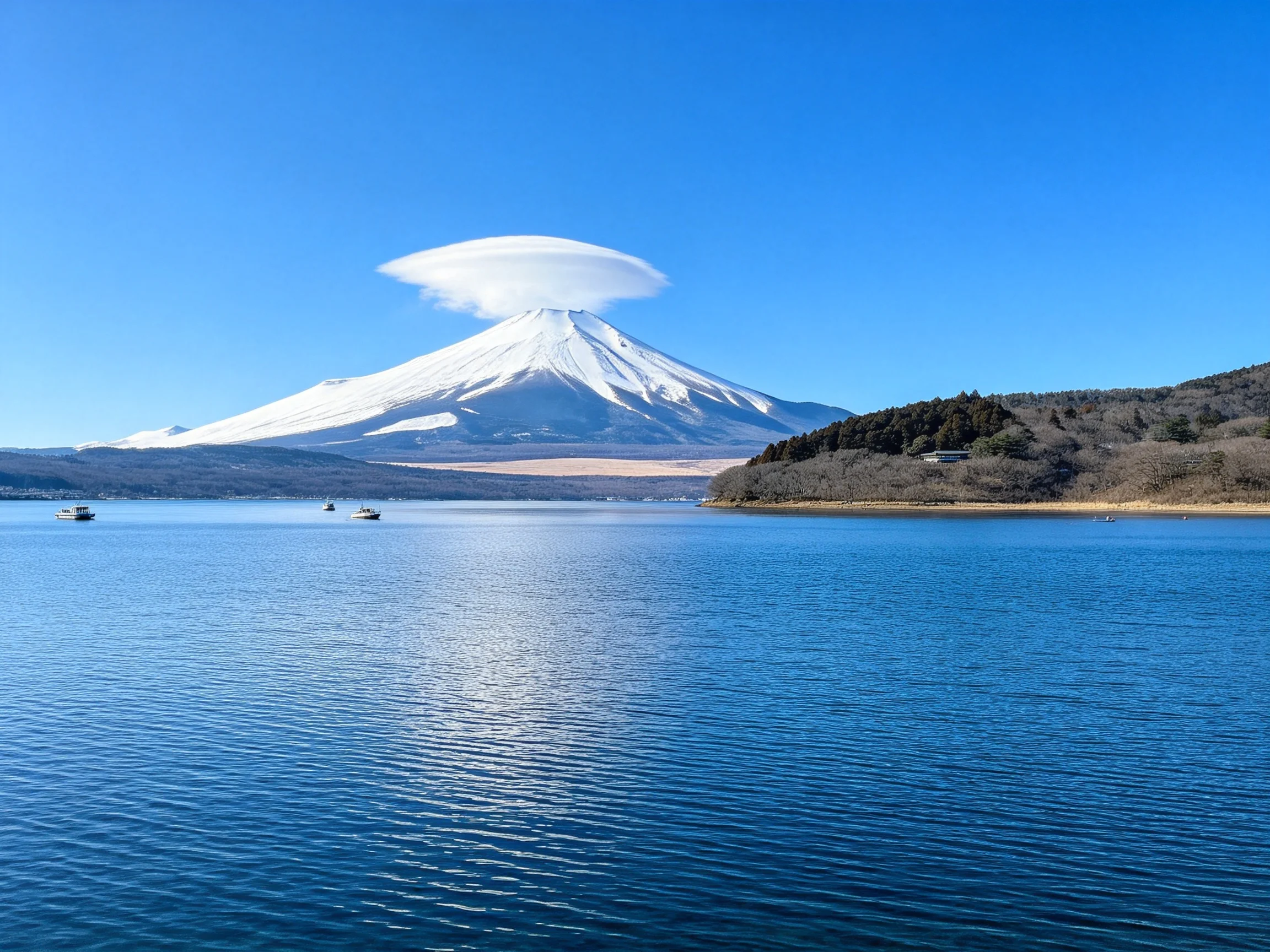 Snow - capped Mount Fuji rises behind a calm blue lake with boats