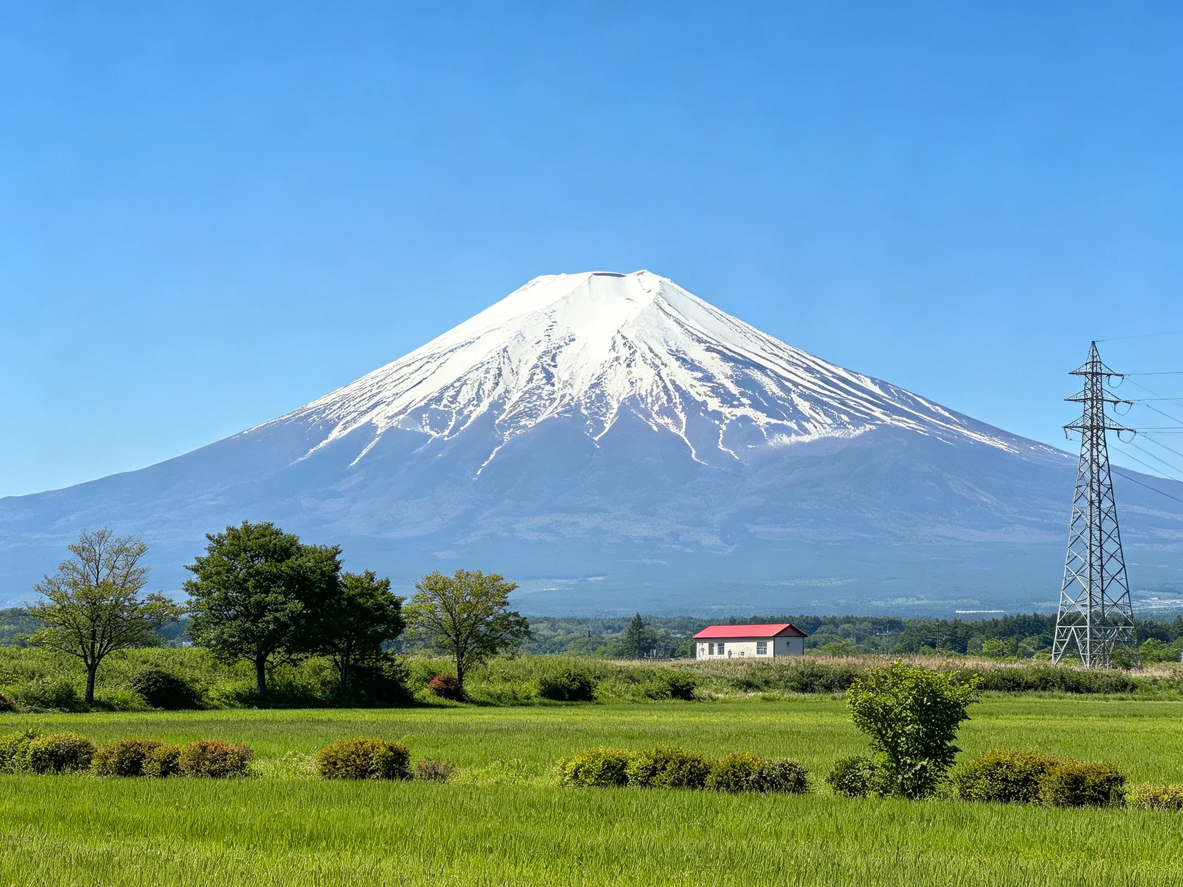 Snow-capped Mount Fuji rises behind lush green fields and a small house