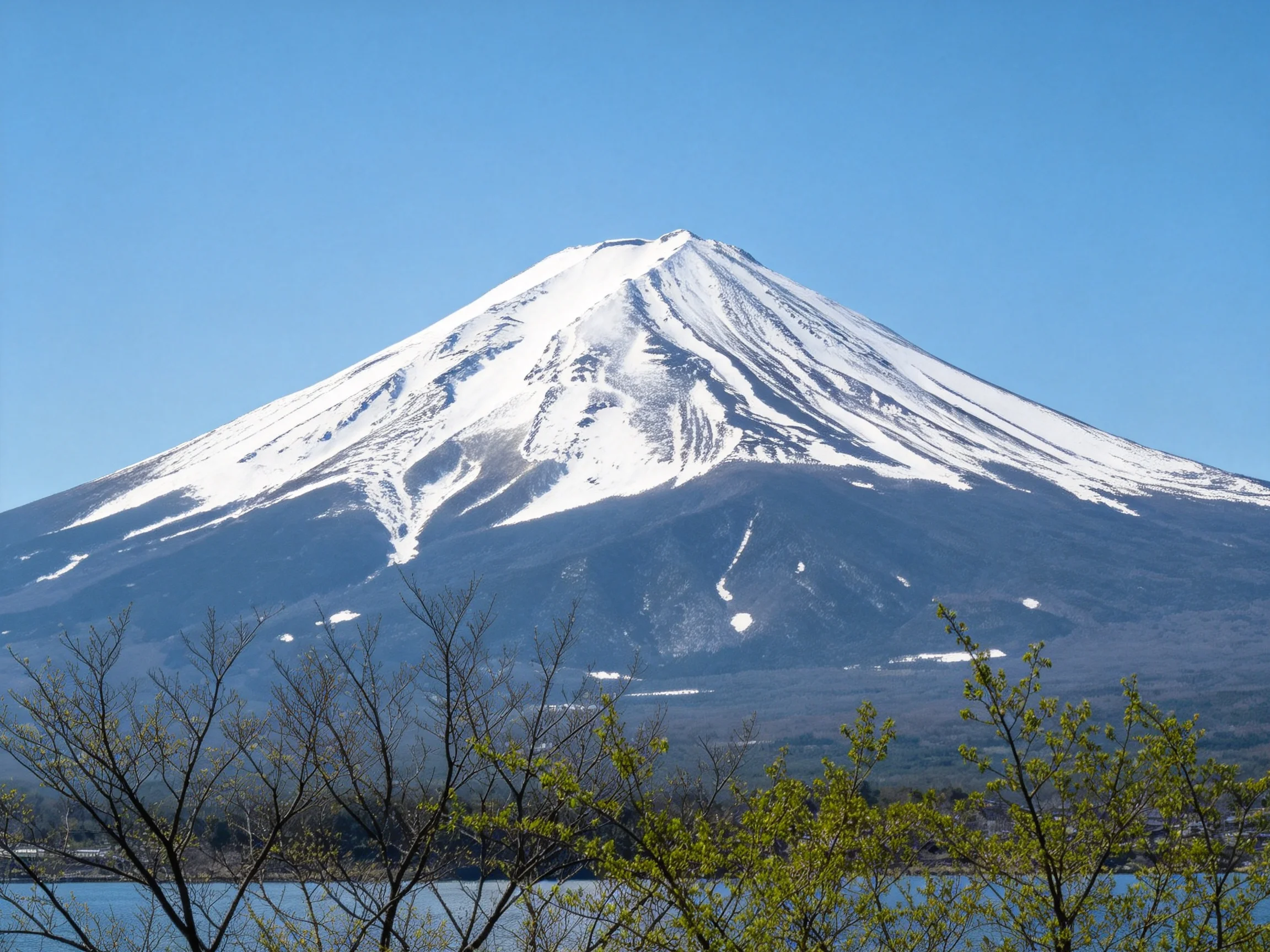 Snow-capped Mount Fuji towers over a serene landscape with foreground trees