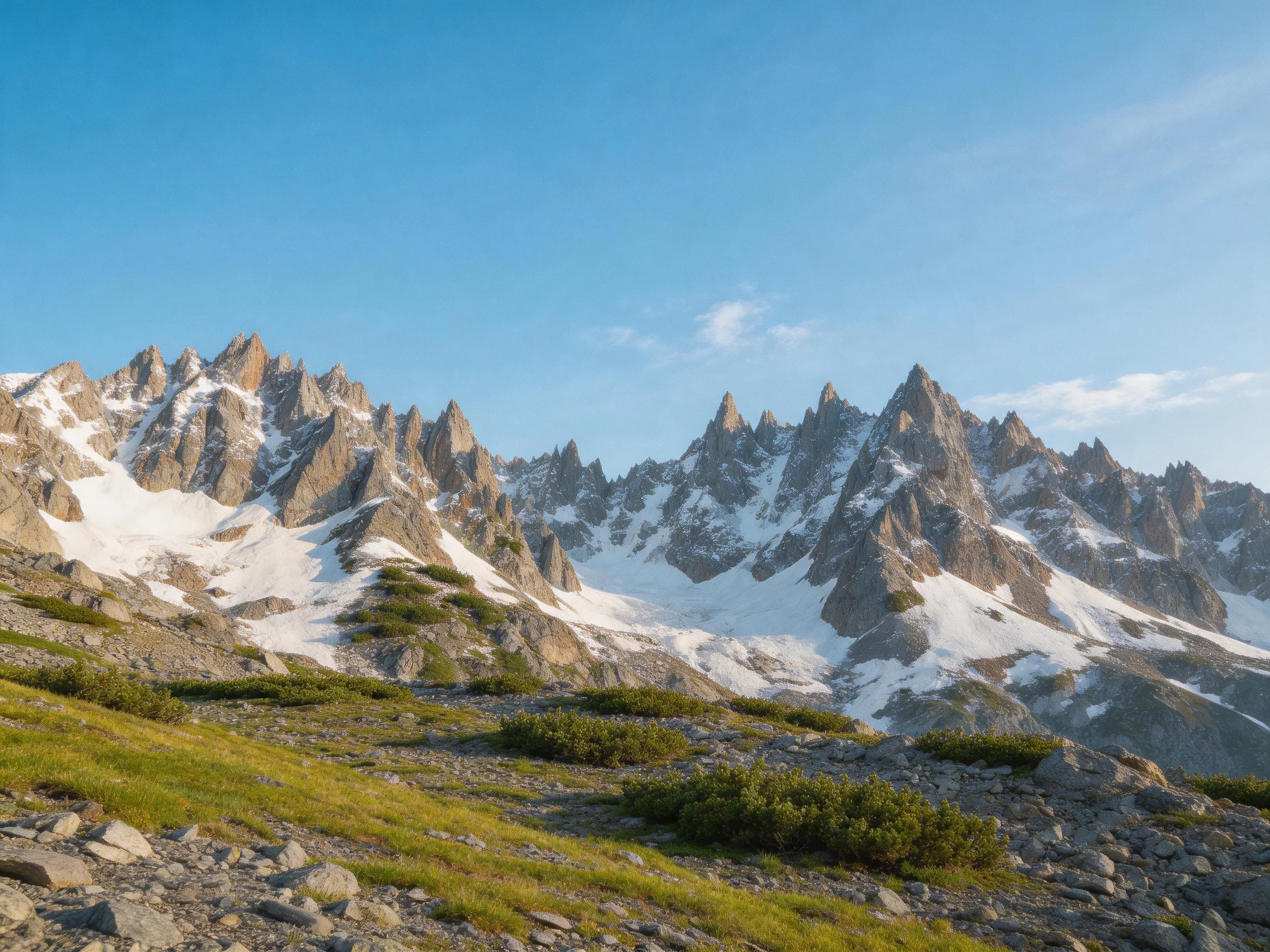 Snow-capped jagged peaks rise above rocky slopes with patches of snow