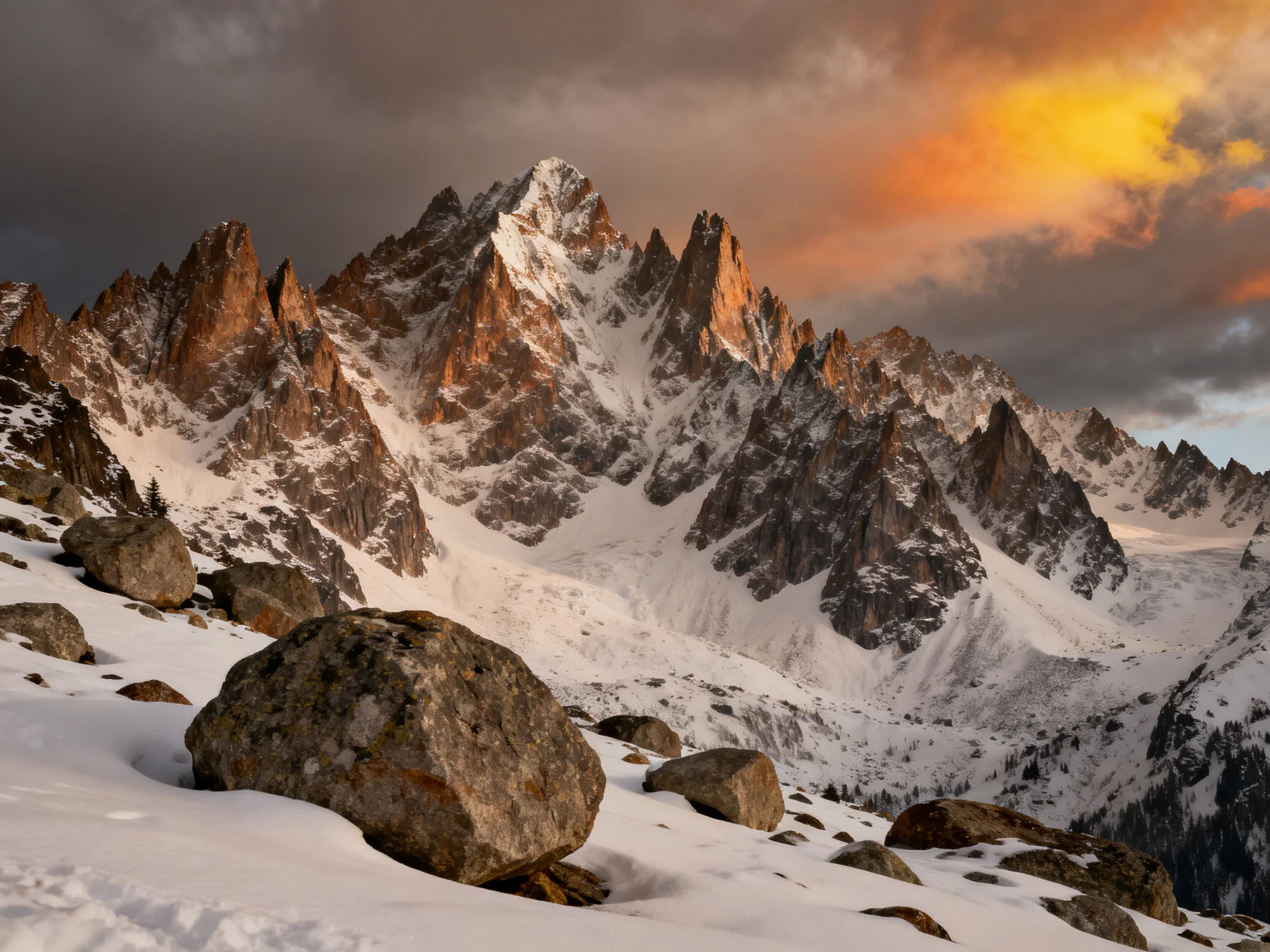 Snow-capped jagged peaks shine under fiery sunset clouds