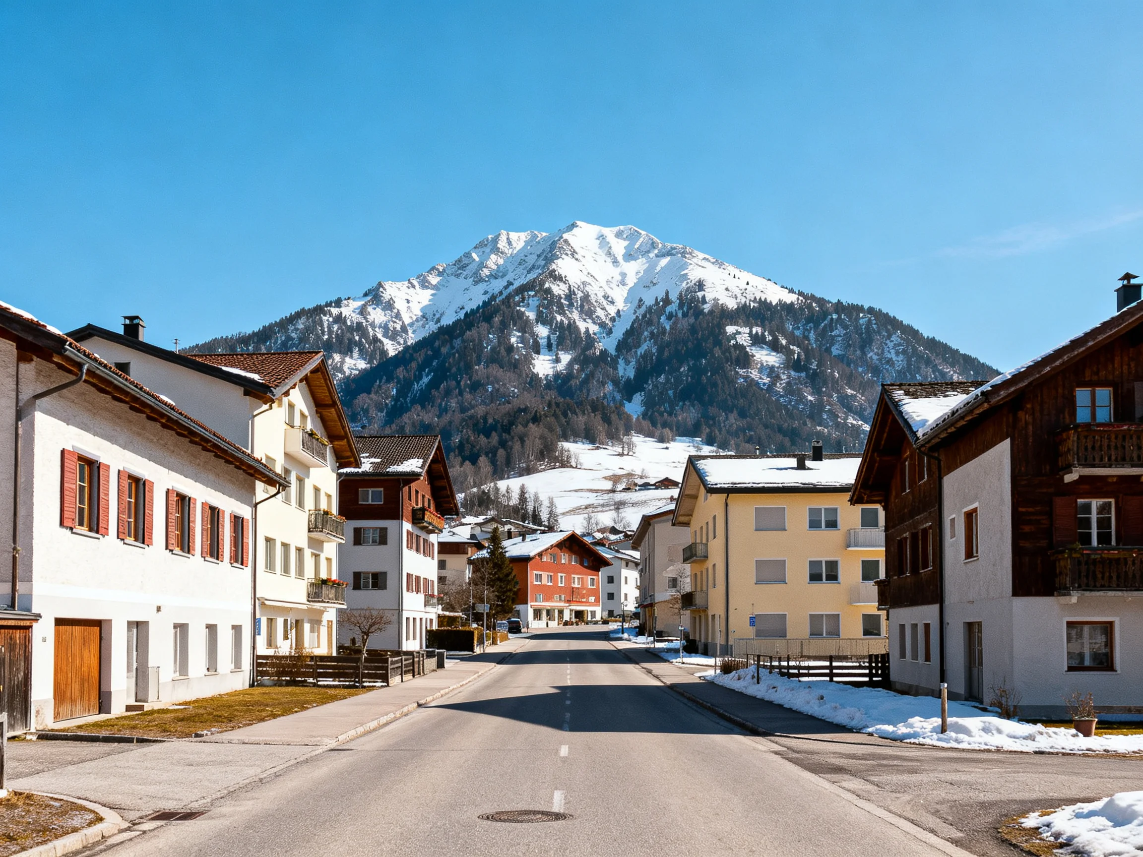 Snow-capped mountain overlooks a village of colorful houses