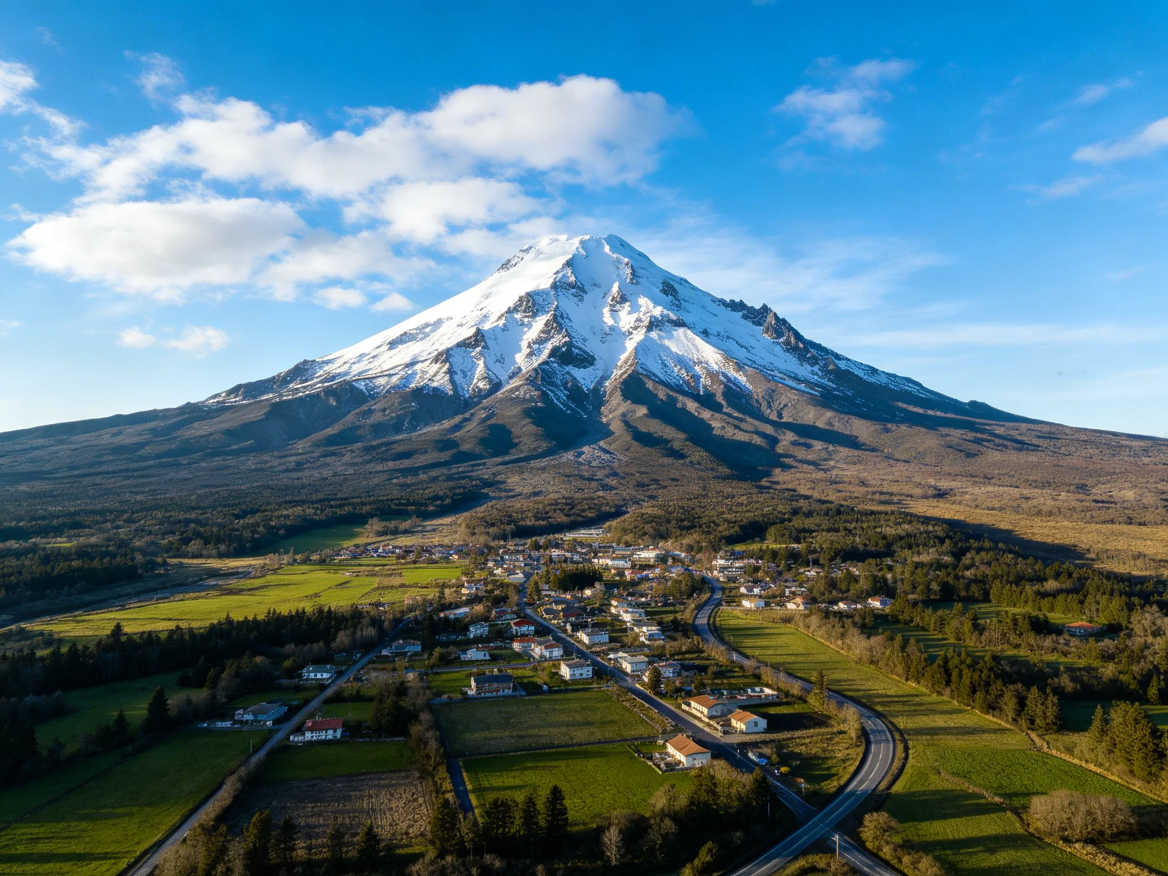 Snow - capped mountain overlooks quaint village amid green fields
