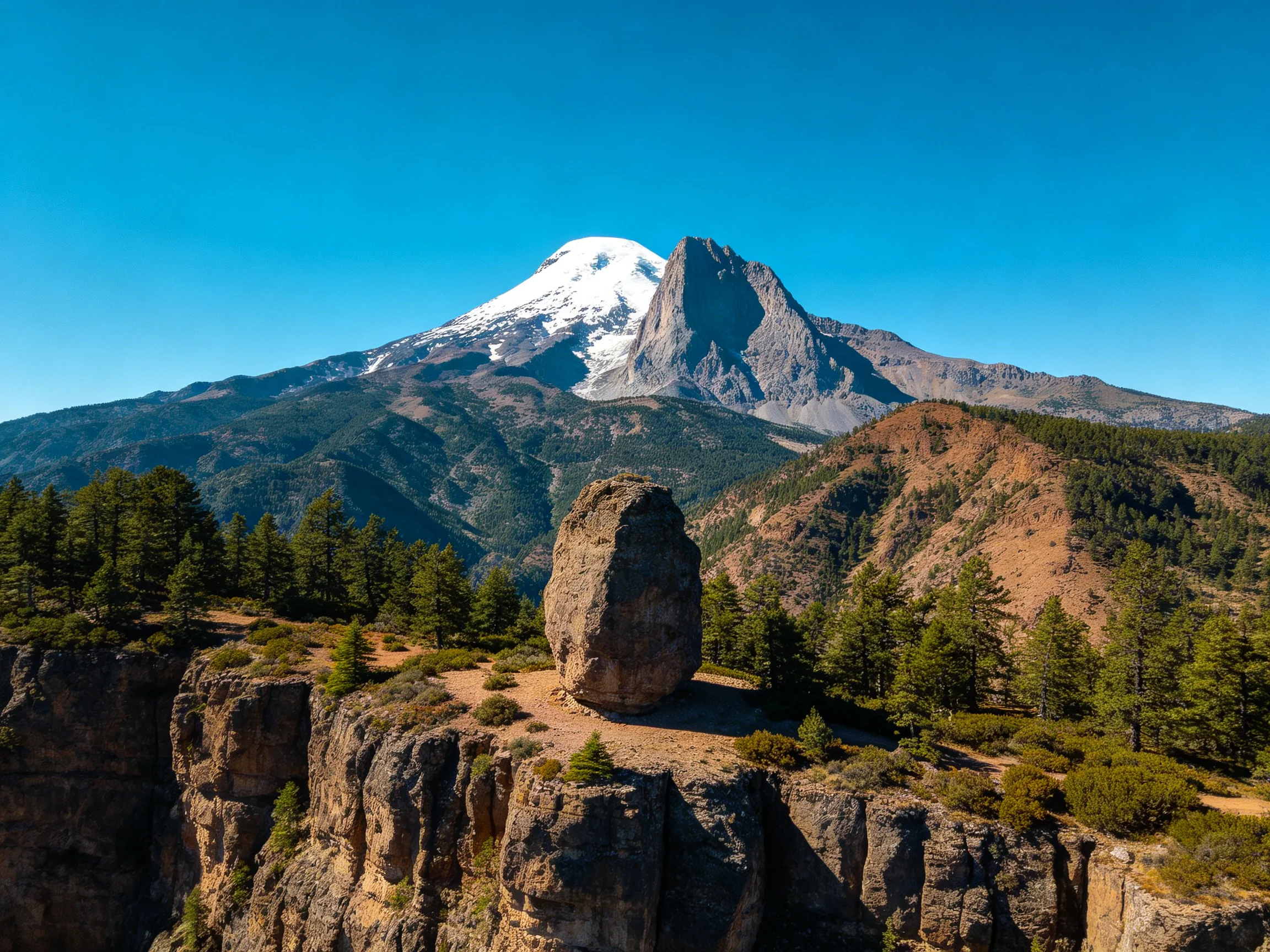 Snow-capped mountain overlooks rocky cliff with balanced boulder
