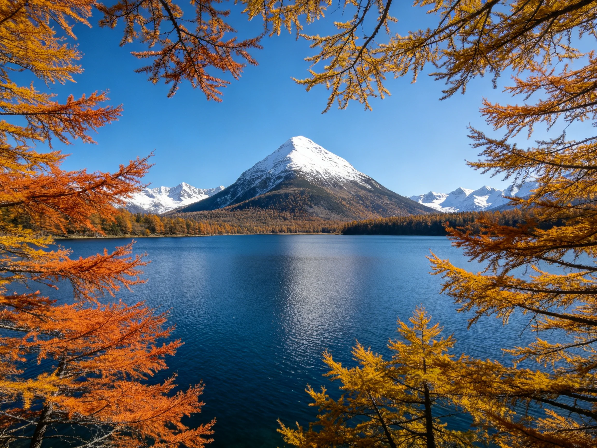 Snow-capped mountain overlooks serene blue lake amid autumn foliage.