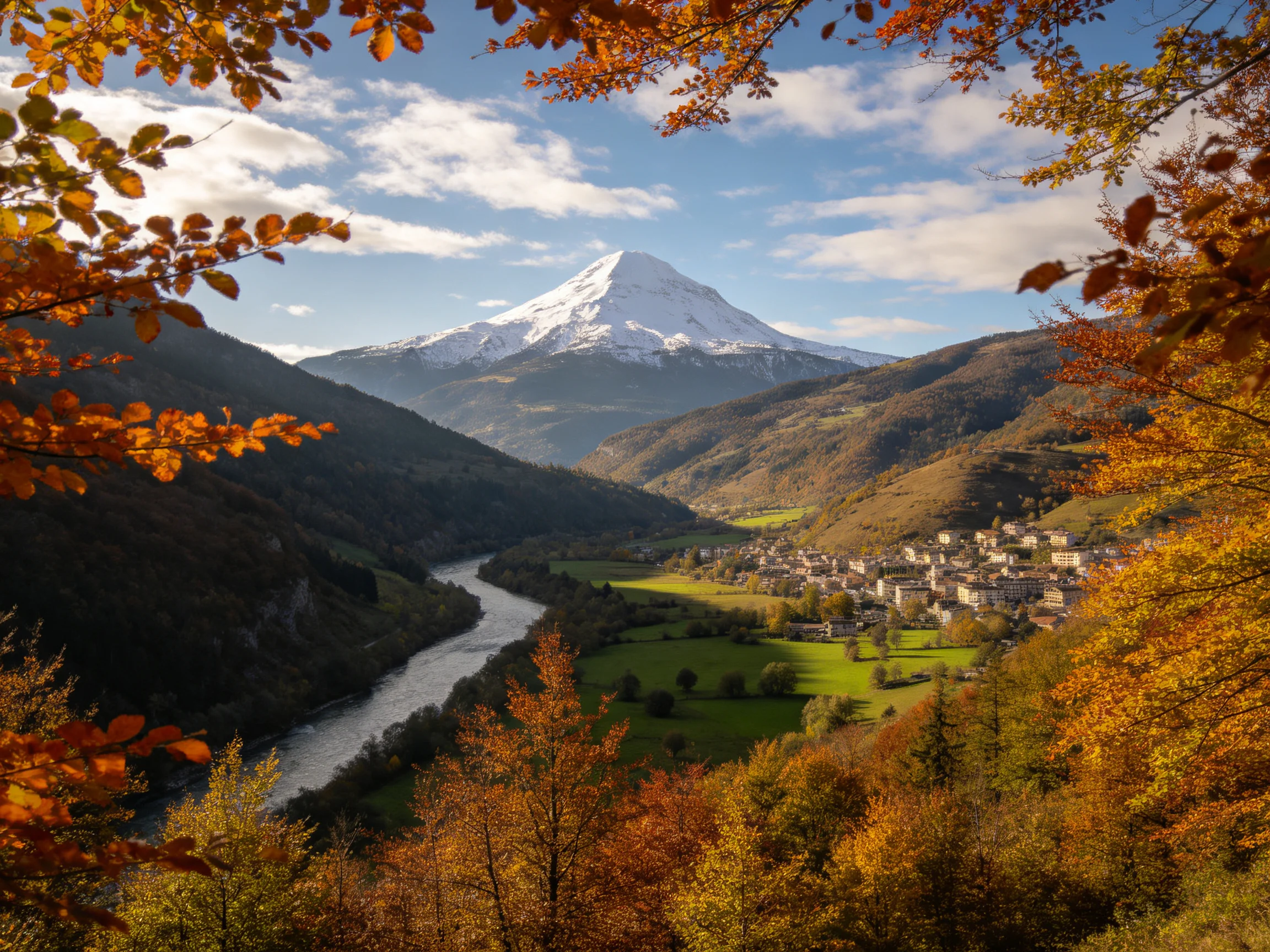 Snow - capped mountain overlooks valley with winding river and autumn trees