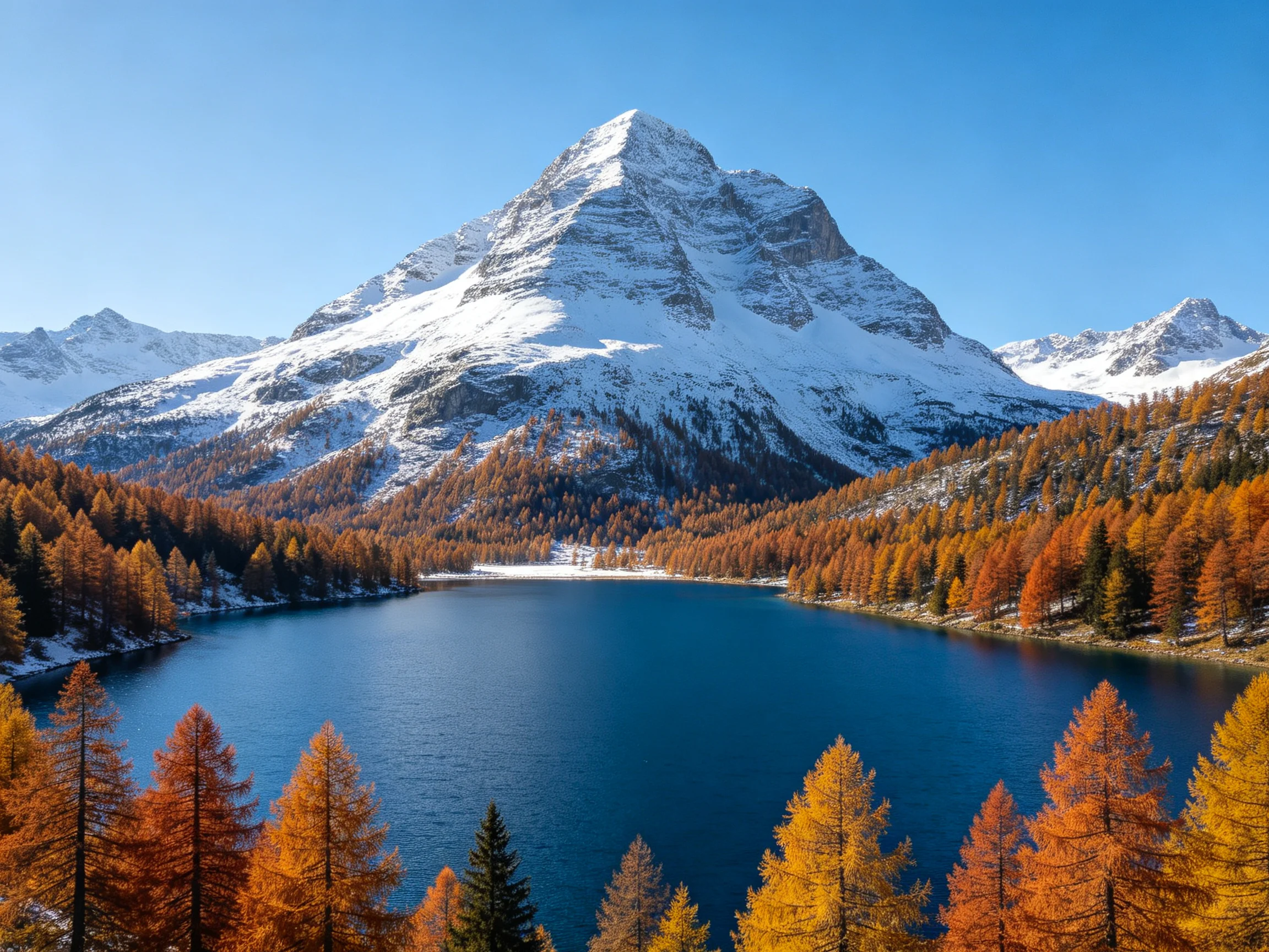 Snow - capped mountain overlooks vibrant autumn forest and deep blue lake