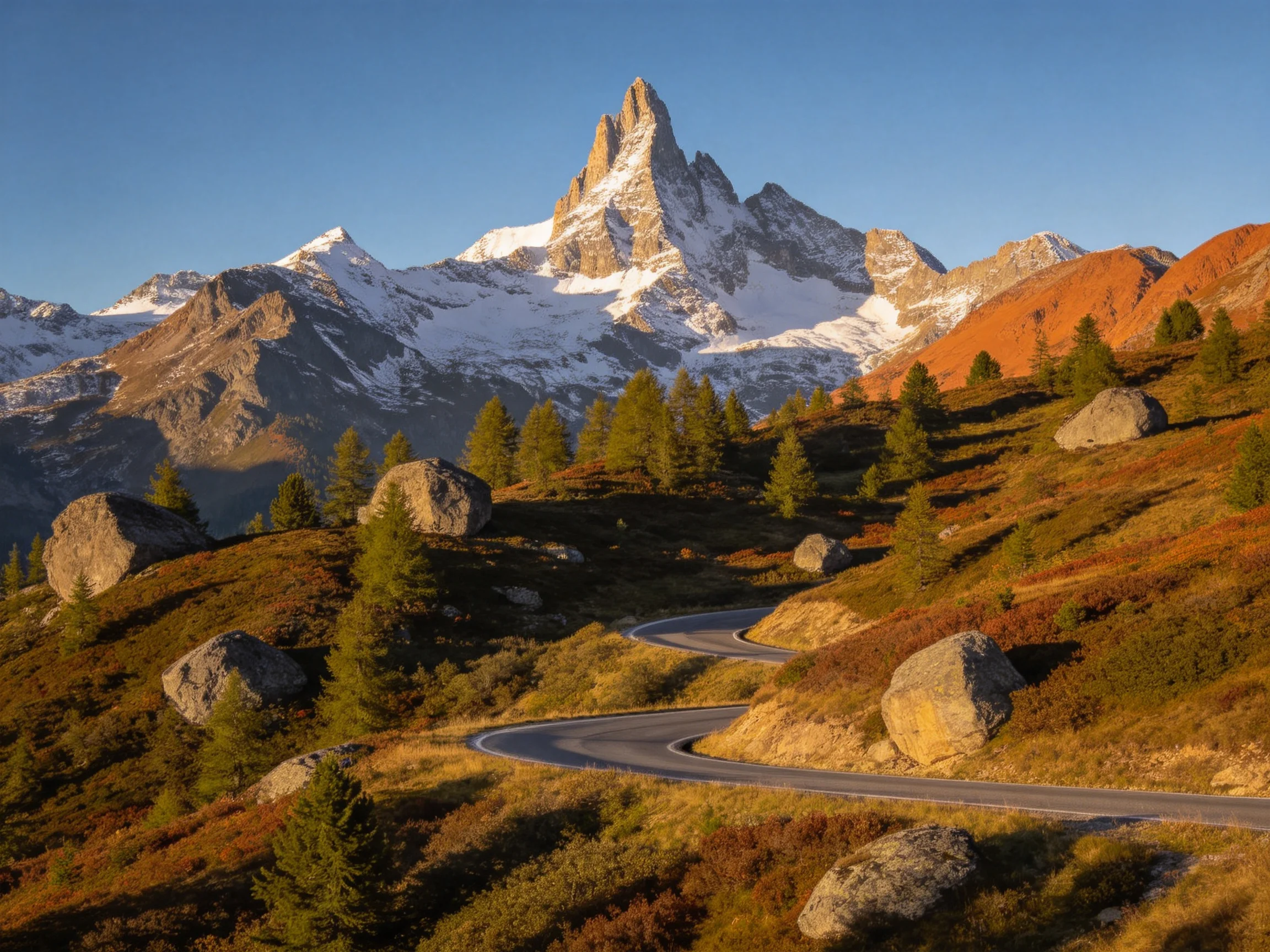 Snow-capped mountain peak rises over winding road and autumnal hills