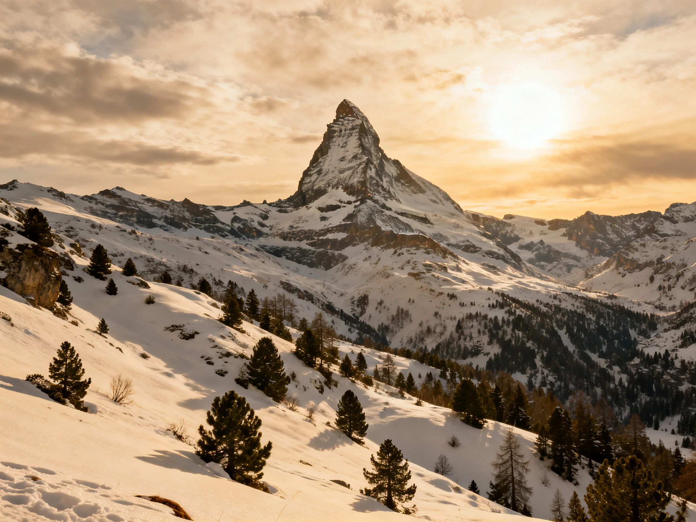Snow-capped mountain peak surrounded by forested snowy slopes at sunset