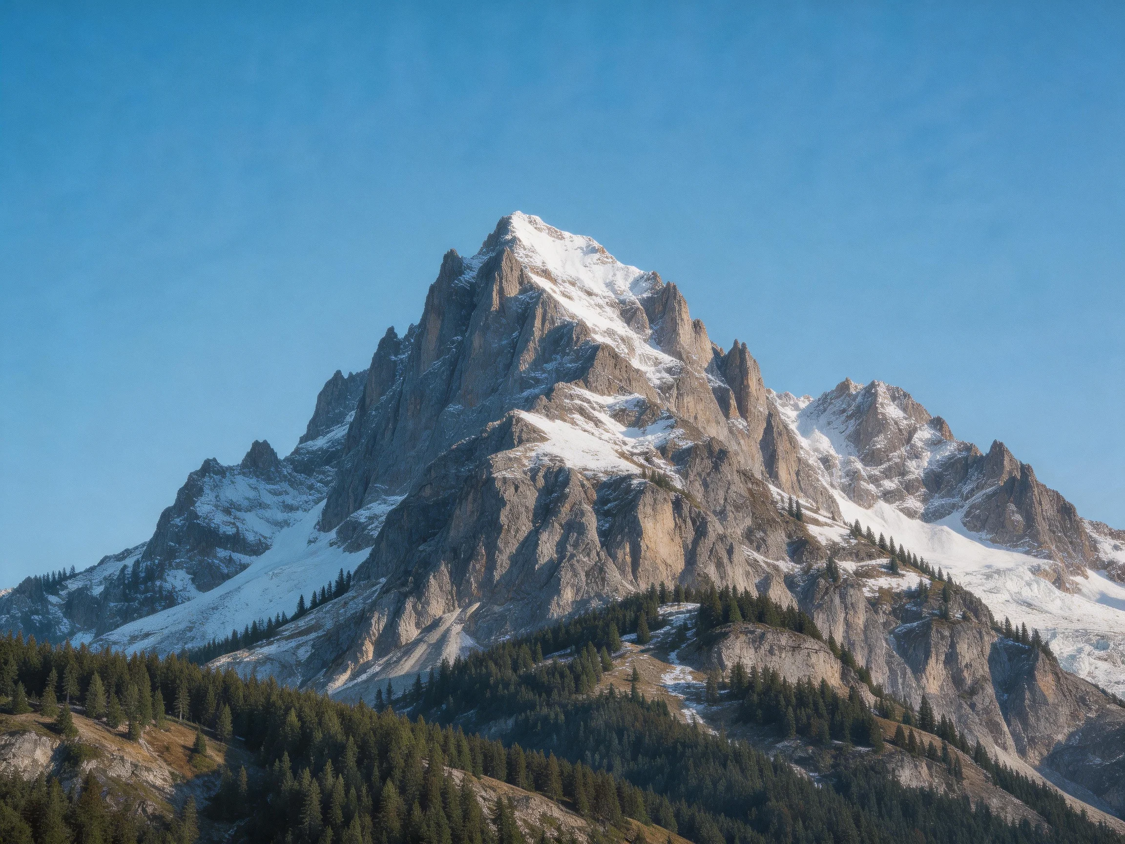 Snow-capped mountain peak with dense evergreen forests below