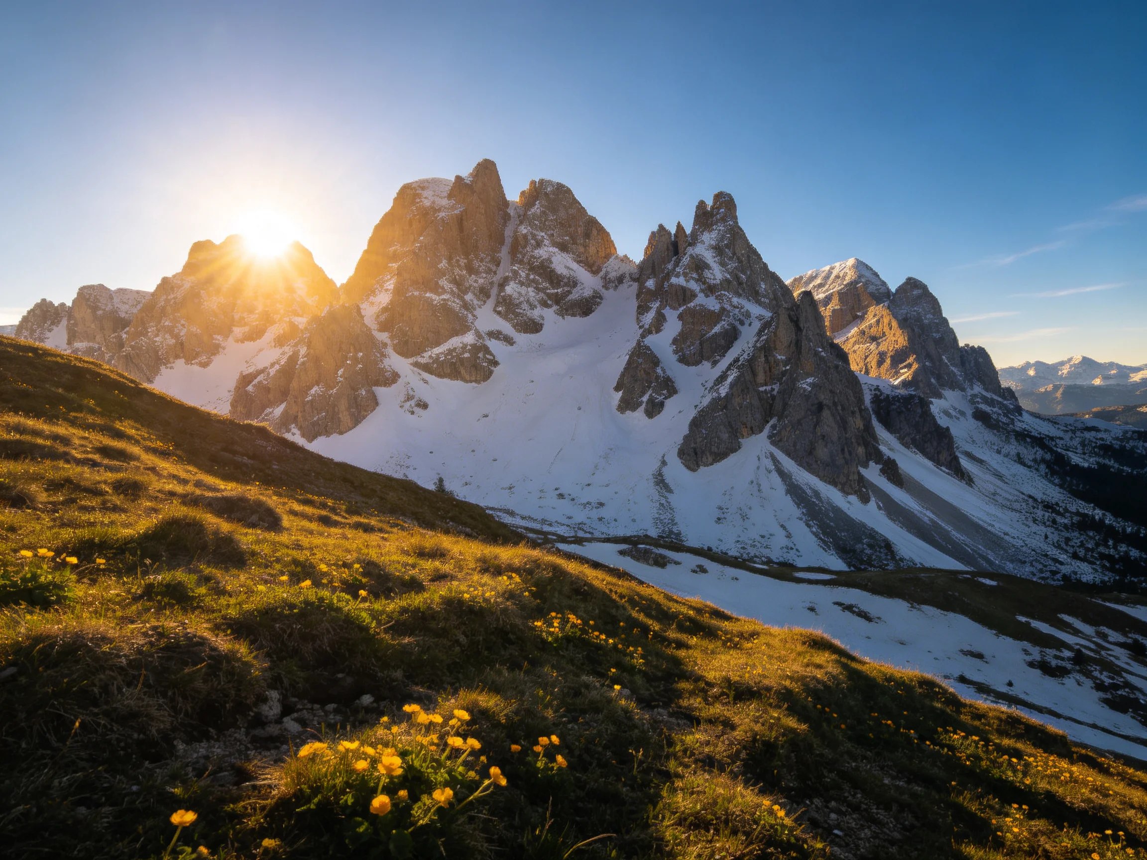Snow-capped mountain peaks bathed in golden sunrise light with yellow wildflowers