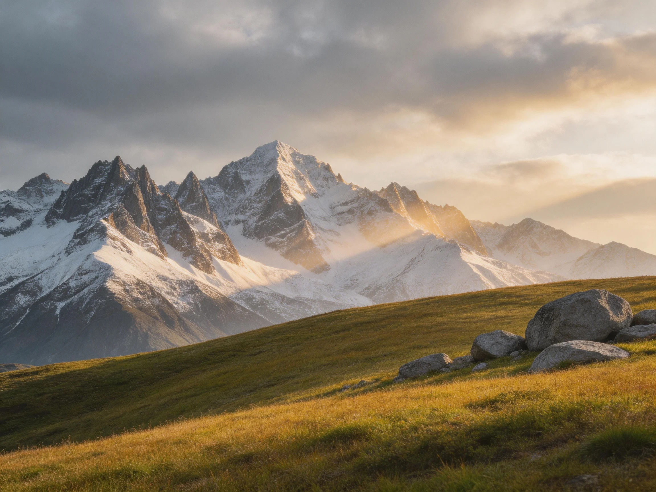 Snow - capped mountain peaks overlook golden meadow with rocky terrain