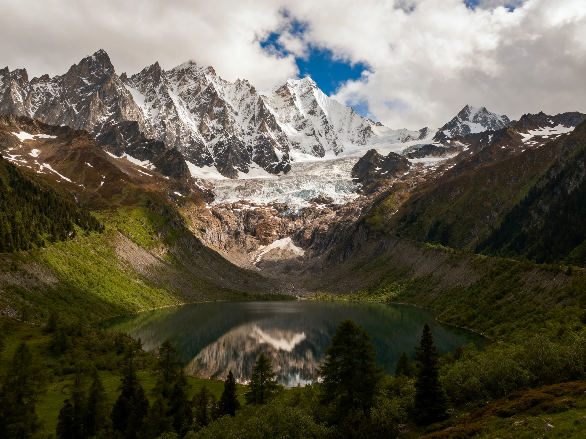 Snow - capped mountain peaks reflect in a serene alpine lake with lush forests
