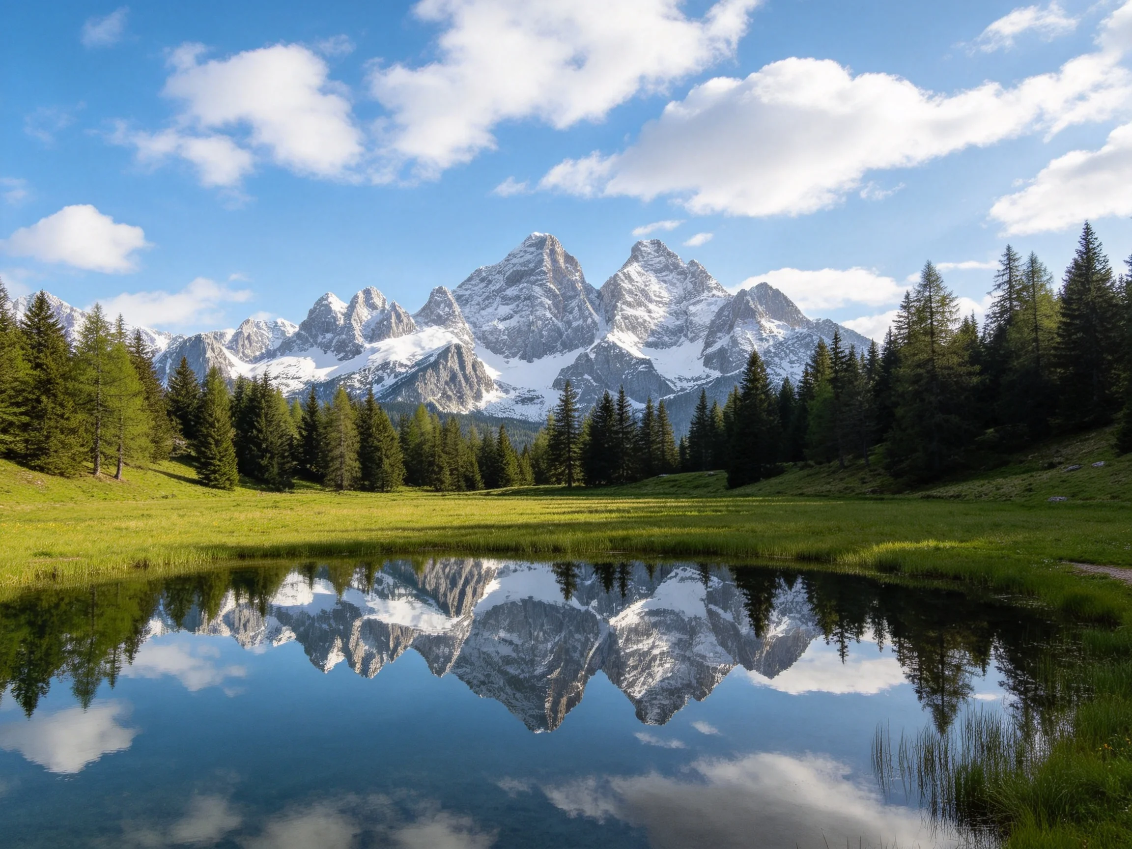 Snow-capped mountain peaks reflect in a serene alpine lake with pine forests