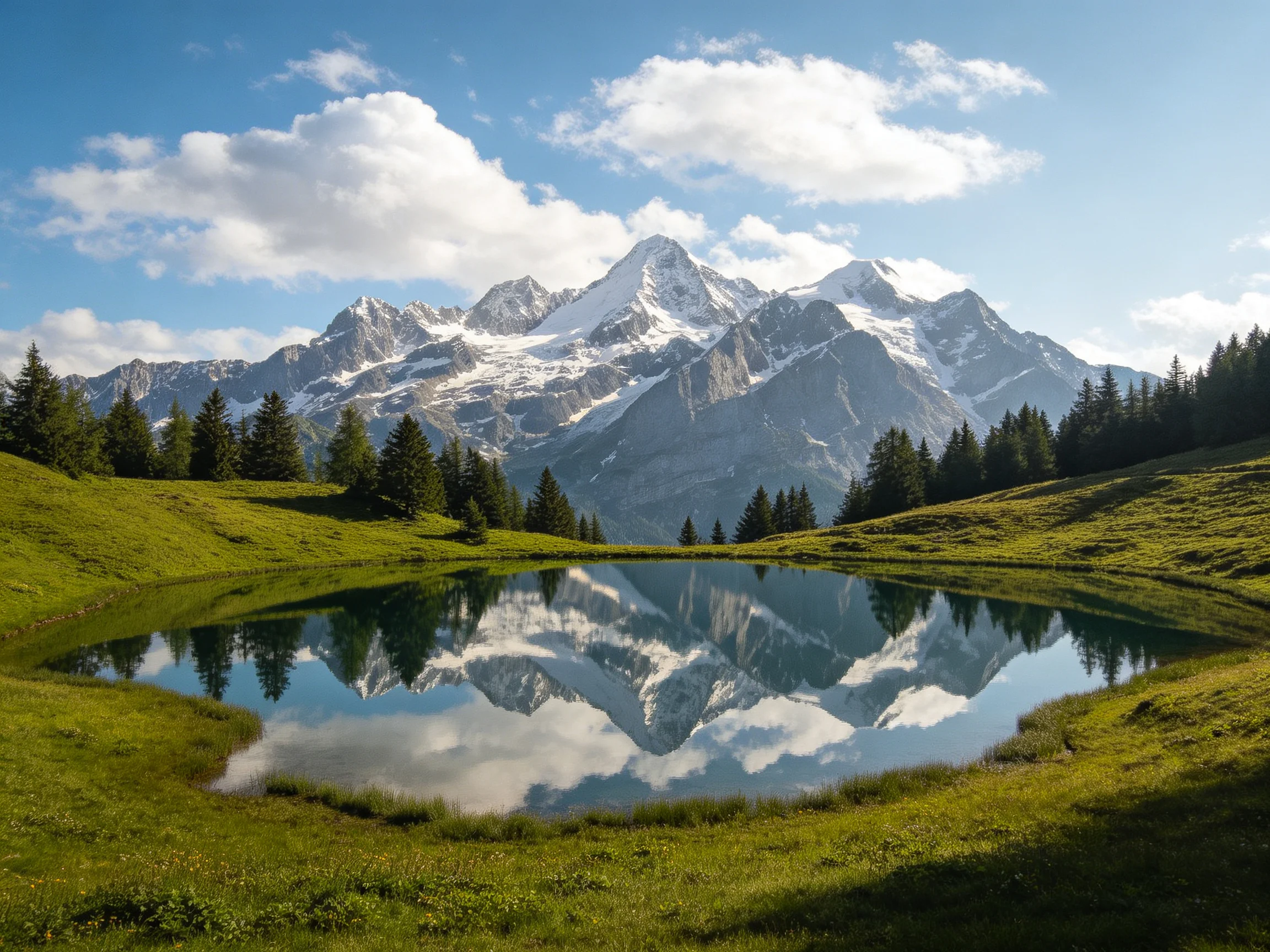 Snow-capped mountain peaks reflect in a serene alpine pond