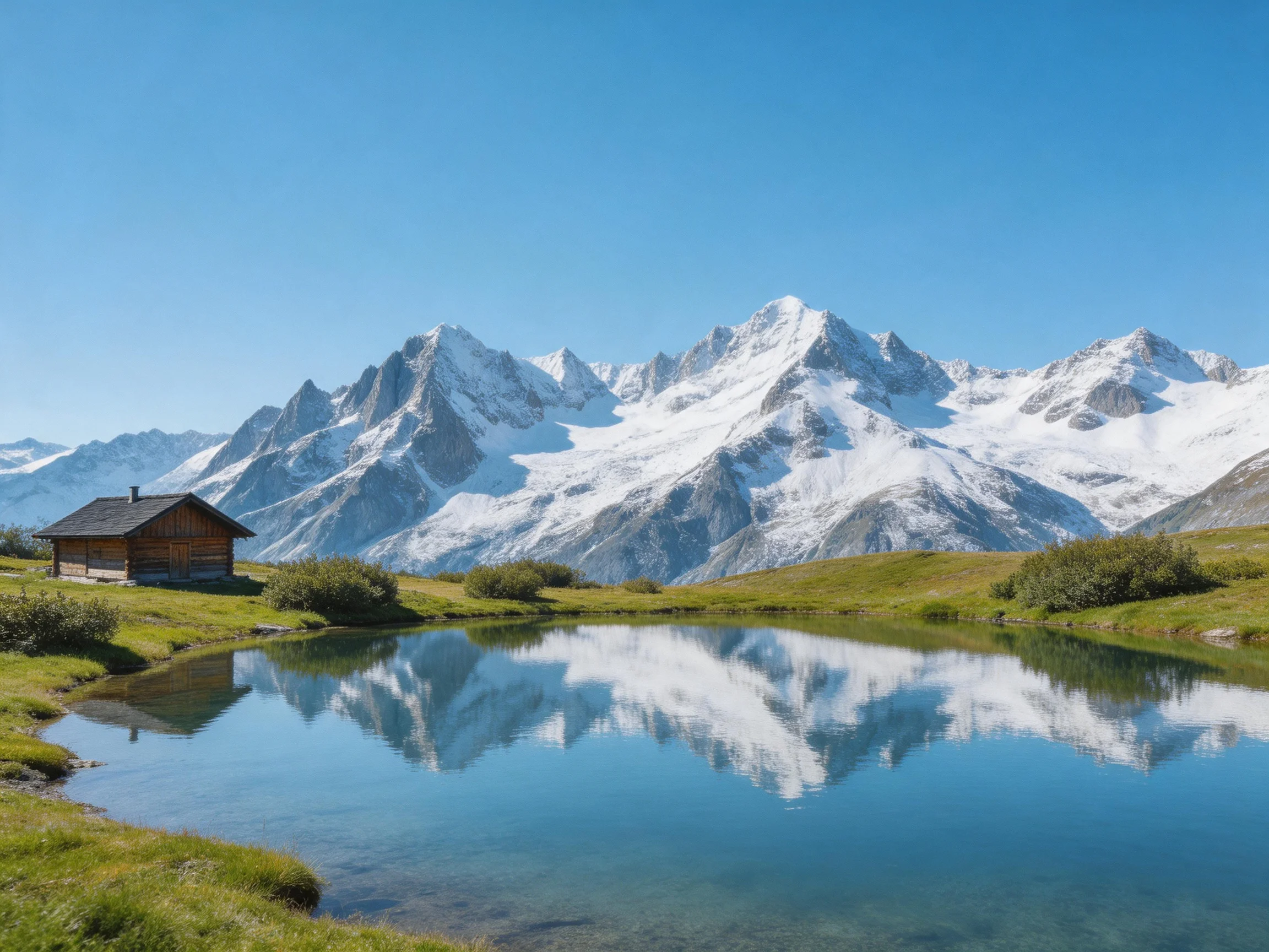 Snow-capped mountain peaks reflect in a tranquil alpine lake near a wooden cabin